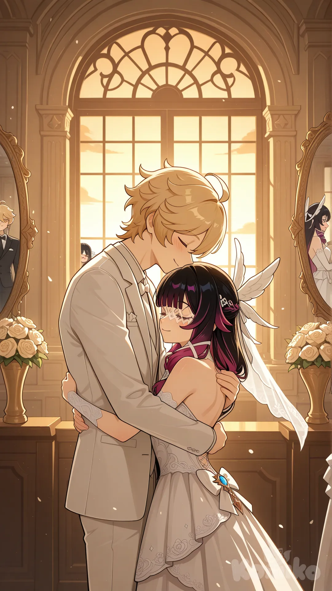 Columbina (Genshin Impact)

Both of them are the wives of Aether (Genshin Impact) 

#after wedding

#white dress for Navia (Genshin Impact)

#white common suite for aether (Genshin Impact)

#A couple's bedroom with off-white interior decor creates a relaxing 

#front view 

#from above , eveing , sunset day ,side profile photo , 

#stand in front of the mirror, wake up , relaxed, anime style , bedroom ,sunny moring, relaxed, happyday , anime style , 

They are happy together as a couple, like husband and wife.
She and he stood embracing in front of the window, watching the many guests who had arrived at their post-wedding celebration.
 aether saw this and happily hugged his wife from behind.