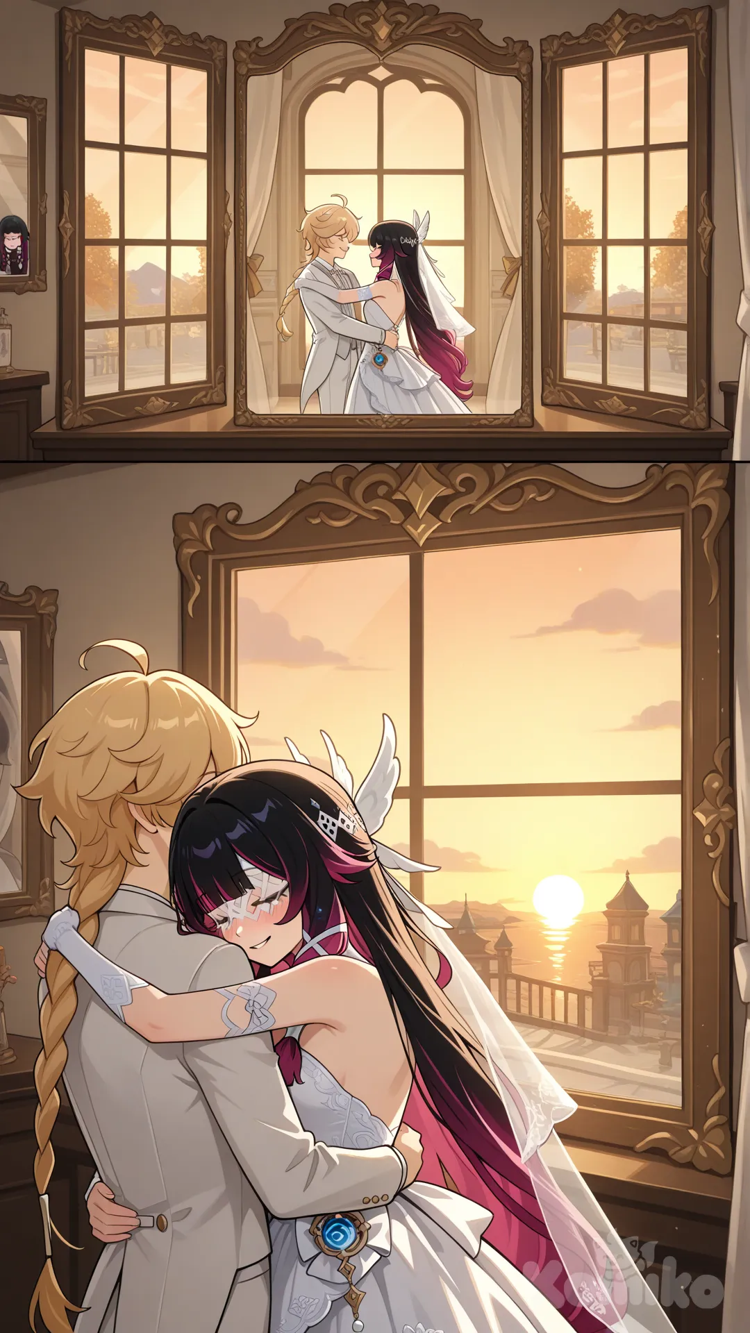 Columbina (Genshin Impact)

Both of them are the wives of Aether (Genshin Impact) 

#after wedding

#white dress for Navia (Genshin Impact)

#white common suite for aether (Genshin Impact)

#A couple's bedroom with off-white interior decor creates a relaxing 

#front view 

#from above , eveing , sunset day ,side profile photo , 

#stand in front of the mirror, wake up , relaxed, anime style , bedroom ,sunny moring, relaxed, happyday , anime style , 

They are happy together as a couple, like husband and wife.
She and he stood embracing in front of the window, watching the many guests who had arrived at their post-wedding celebration.
 aether saw this and happily hugged his wife from behind.