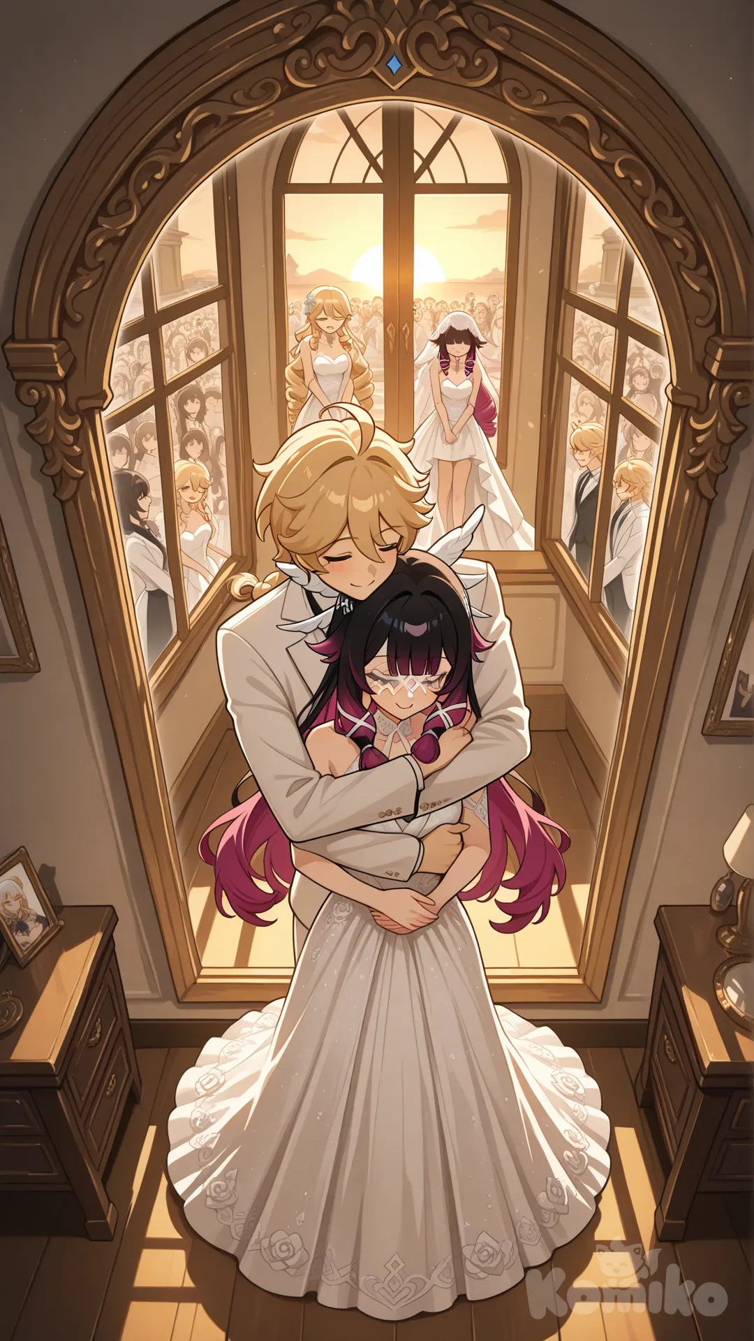 Columbina (Genshin Impact)

Both of them are the wives of Aether (Genshin Impact) 

#after wedding

#white dress for Navia (Genshin Impact)

#white common suite for aether (Genshin Impact)

#A couple's bedroom with off-white interior decor creates a relaxing 

#front view 

#from above , eveing , sunset day ,side profile photo , 

#stand in front of the mirror, wake up , relaxed, anime style , bedroom ,sunny moring, relaxed, happyday , anime style , 

They are happy together as a couple, like husband and wife.
She and he stood embracing in front of the window, watching the many guests who had arrived at their post-wedding celebration.
 aether saw this and happily hugged his wife from behind.