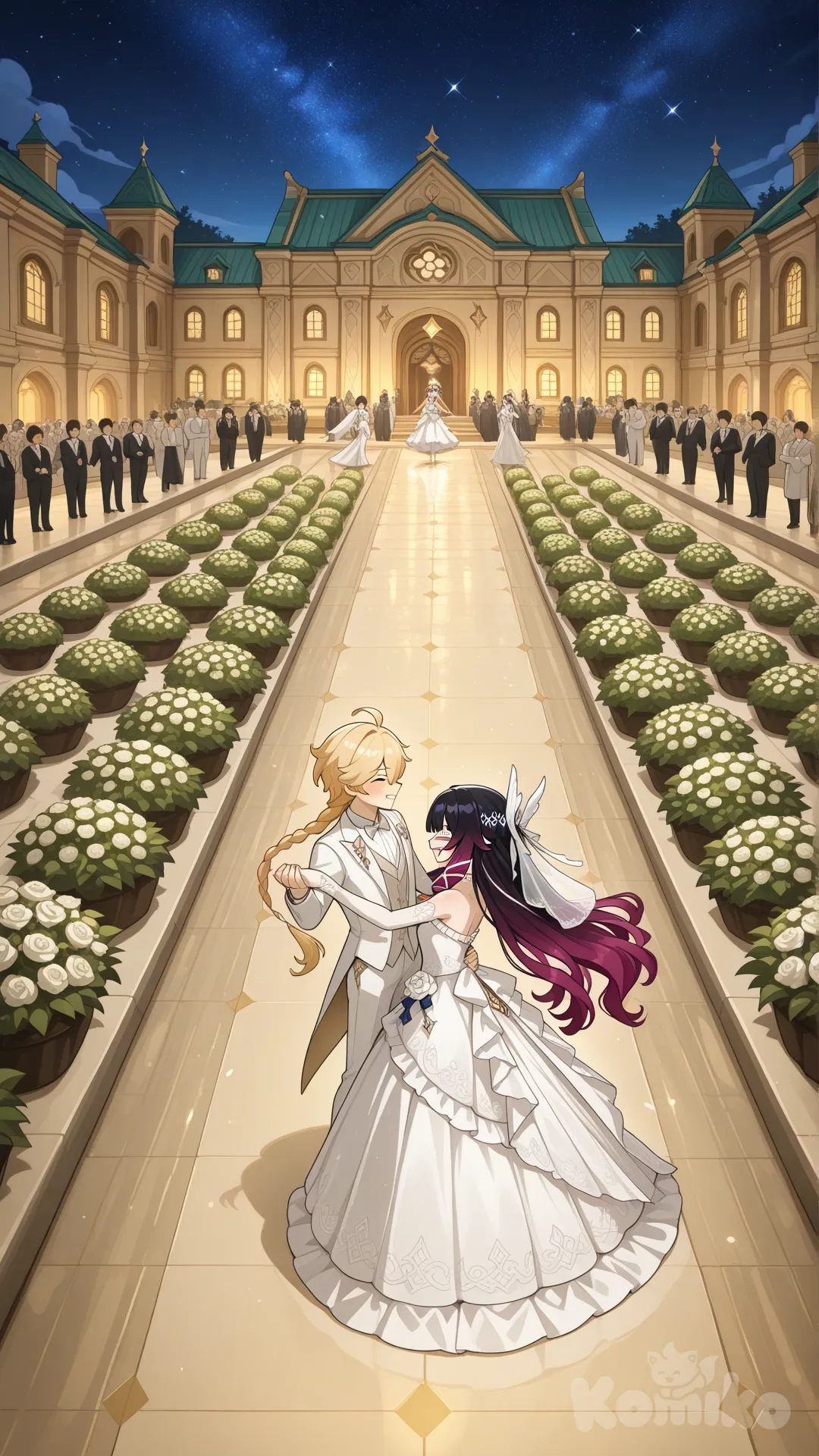 Columbina (Genshin Impact)

Both of them are the wives of Aether (Genshin Impact) 

#after wedding

#white dress for Navia (Genshin Impact)

#white common suite for aether (Genshin Impact)

#A dance floor in the flower garden on the wedding day.

#from above , eveing , moonlight starlight day ,side profile photo , 

# The dance after the wedding, dance , relaxed, anime style , bedroom ,moonlight night, relaxed, happynight , anime style , 

They are happy together as a couple, like husband and wife.
They danced together on the spacious white marble patio in the garden, amidst the joyful gazes of their wedding guests. It was the most perfect night for the two of them.