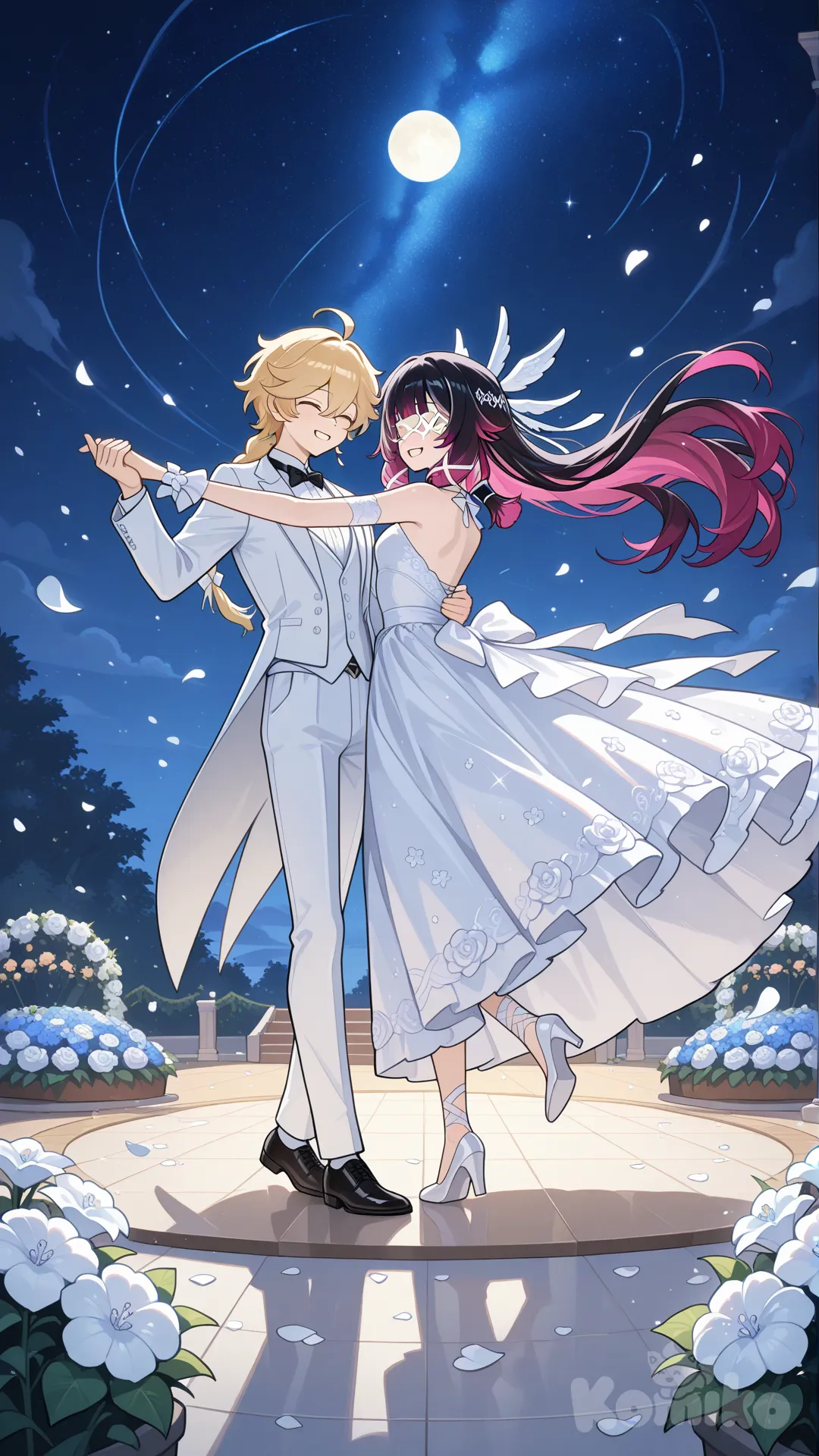 #Columbina (Genshin Impact) white wedding dress
#aether (Genshin Impact) white wedding suite
#dance after wedding
#A dance floor in the flower garden on the wedding day.
# relaxed, anime style , moonlight night, relaxed, happynight , anime style