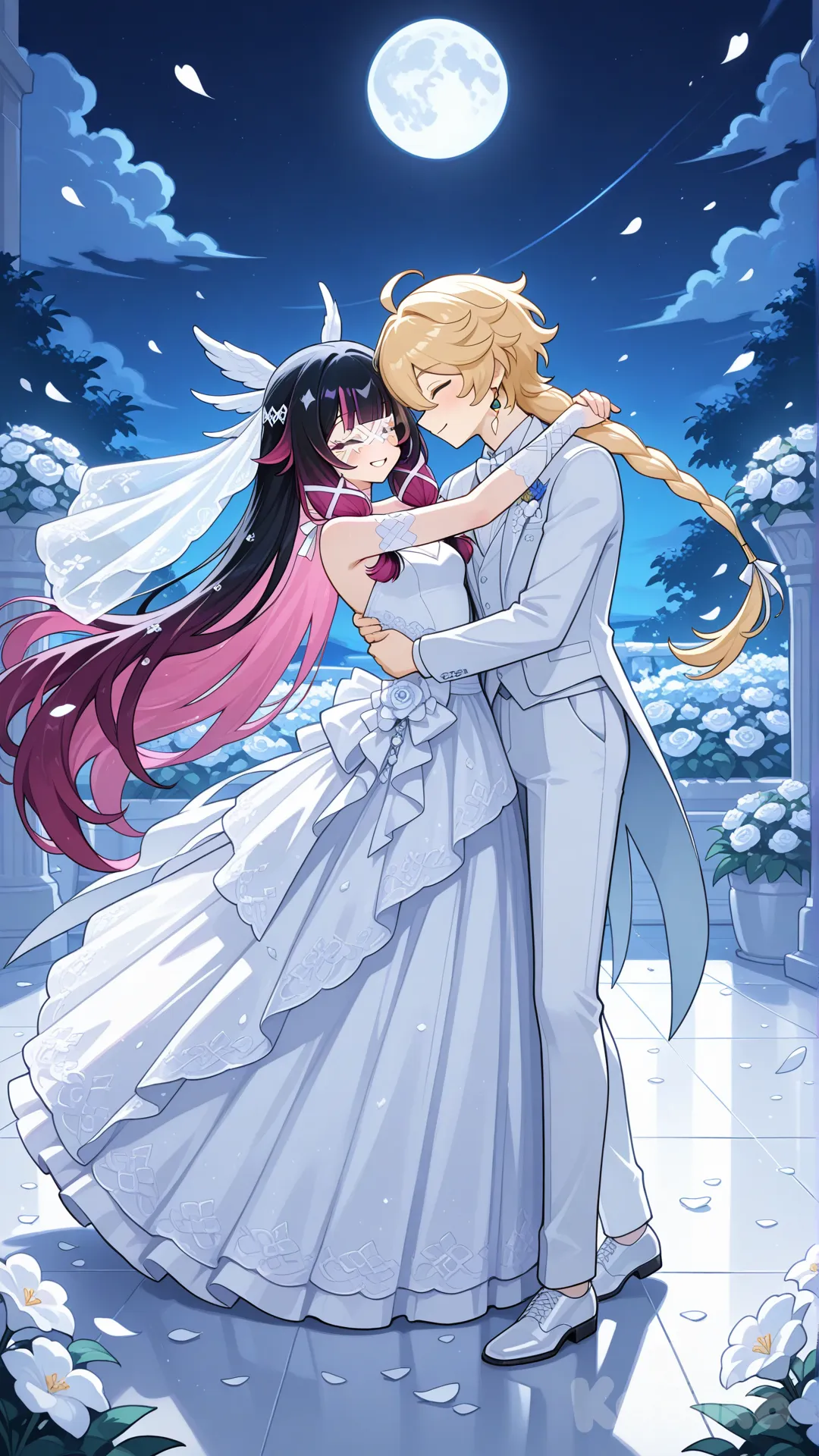 #Columbina (Genshin Impact) white wedding dress 

#aether (Genshin Impact) white wedding suite 

#dance after wedding

#Dancing on a full moon night

#A dance floor in the flower garden on the wedding day.

# relaxed, anime style , moonlight night, relaxed, happynight , anime style