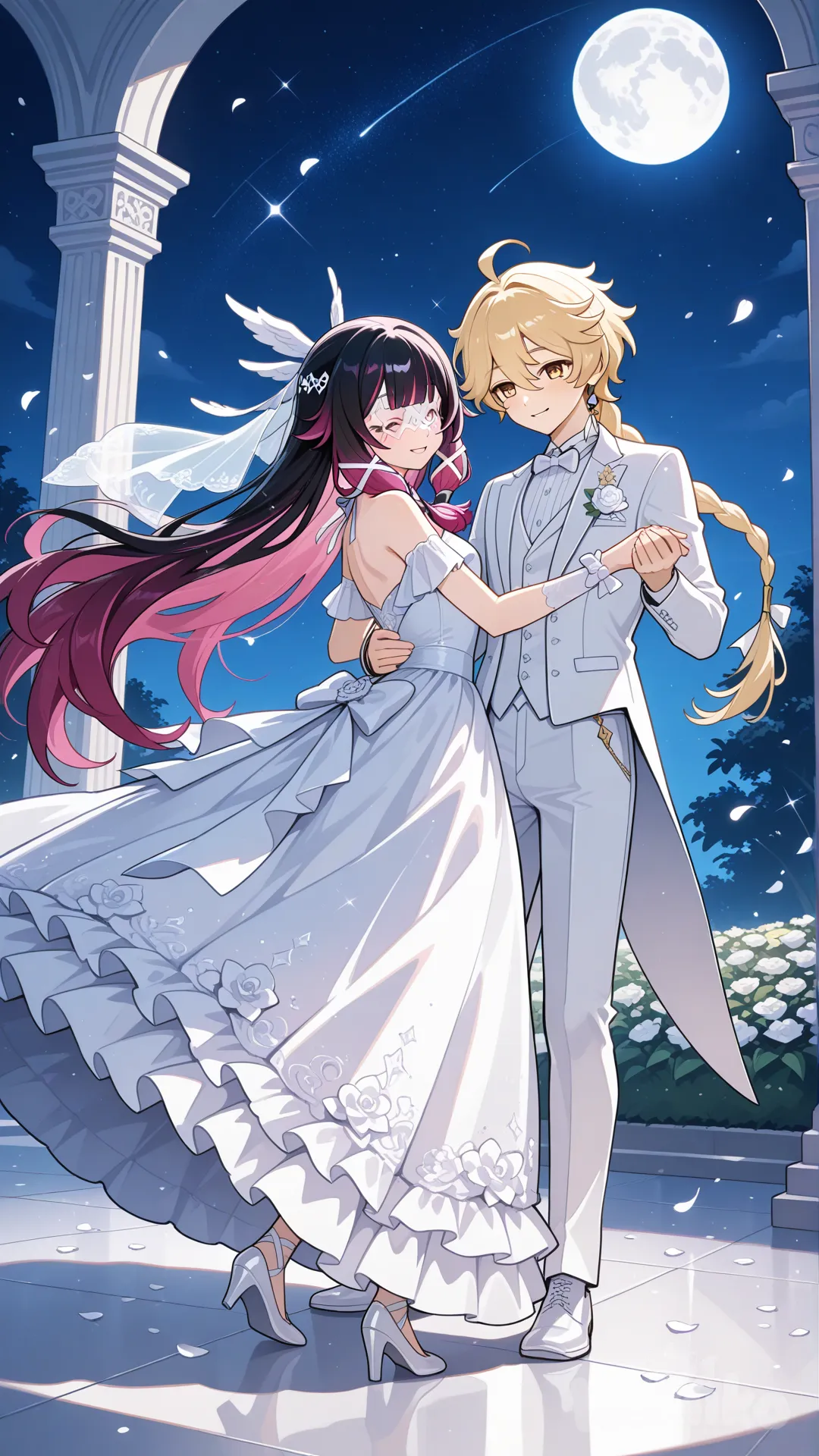 #Columbina (Genshin Impact) white wedding dress
#aether (Genshin Impact) white wedding suite
#dance after wedding
#Dancing on a full moon night
#A dance floor in the flower garden on the wedding day.
# relaxed, manga style , moonlight night, relaxed, happynight , manga style