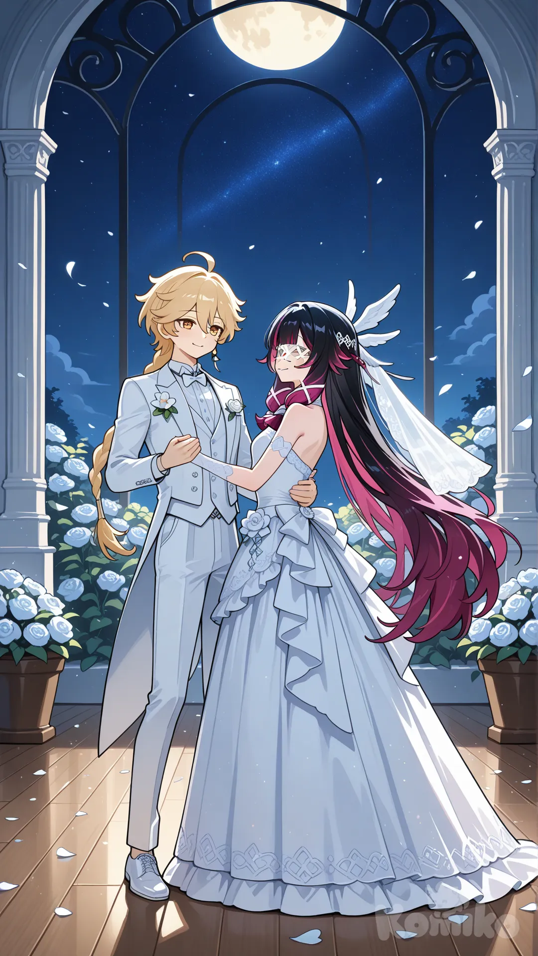 #Columbina (Genshin Impact) white wedding dress
#aether (Genshin Impact) white wedding suite
#dance after wedding
#Dancing on a full moon night
#A dance floor in the flower garden on the wedding day.
# relaxed, manga style , moonlight night, relaxed, happynight , manga style