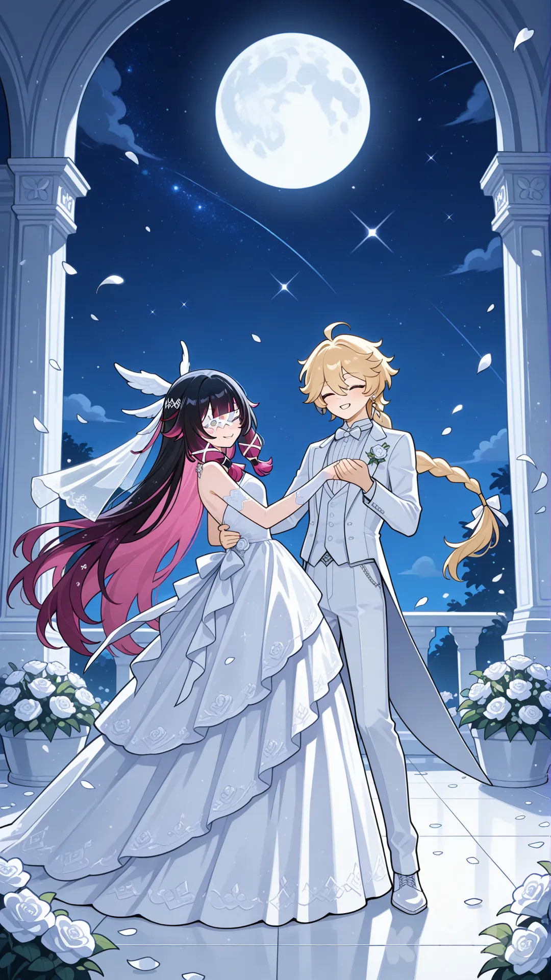 #Columbina (Genshin Impact) white wedding dress 

#aether (Genshin Impact) white wedding suite 

#dance after wedding

#Dancing on a full moon night

#A dance floor in the flower garden on the wedding day.

# relaxed, manga style , moonlight night, relaxed, happynight , manga style