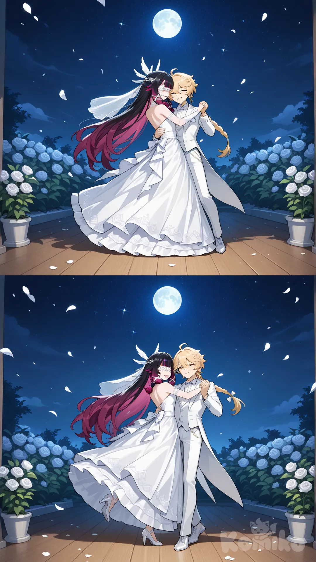 #Columbina (Genshin Impact) white wedding dress 

#aether (Genshin Impact) white wedding suite 

#dance after wedding

#Dancing on a full moon night

#A dance floor in the flower garden on the wedding day.

# relaxed, manga style , moonlight night, relaxed, happynight , manga style