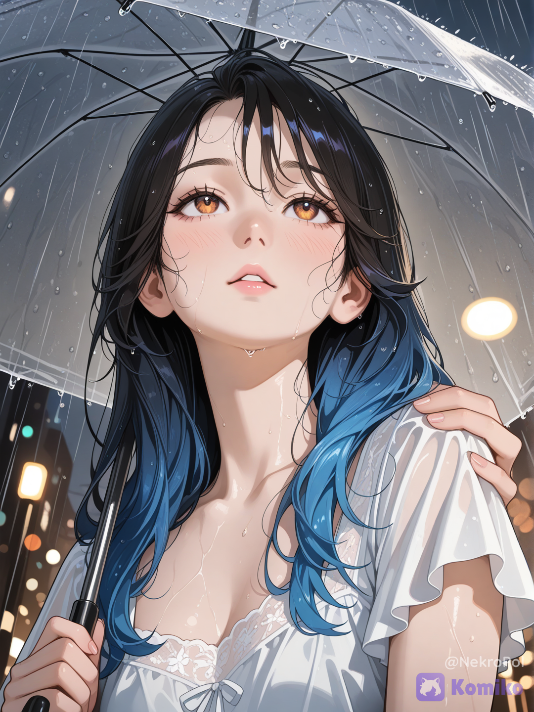 Pensive girl walking in rain professional photography high detailing 8K ultra-cinematic lighting. 20 years old delicate facial features soft cheekbones oval face porcelain skin with light blush from cold. Large almond-shaped dark amber eyes thoughtful upward gaze slightly closed eyelashes with tiny raindrops. Thin natural eyebrows pale pink lips slightly parted. Long wet black hair with blue tint strands touching her neck and cheeks.
Elegant flowing layered white chiffon floor-length dress with short sleeves and graceful neckline. Dress beautifully drapes in the wind emphasizing a slender silhouette.
Upper body, from below, half-turn view, face focus, (close up). Girl slightly tilts her head forward, one hand holds a transparent umbrella, other hand gently rests on shoulder. Straight back slow graceful walk. Umbrella reflects soft light onto her face.
Evening rain city lights blurred bokeh background wet asphalt reflecting neon signs. Cool blue and gray color palette with warm light accents. Melancholic atmosphere quiet sadness