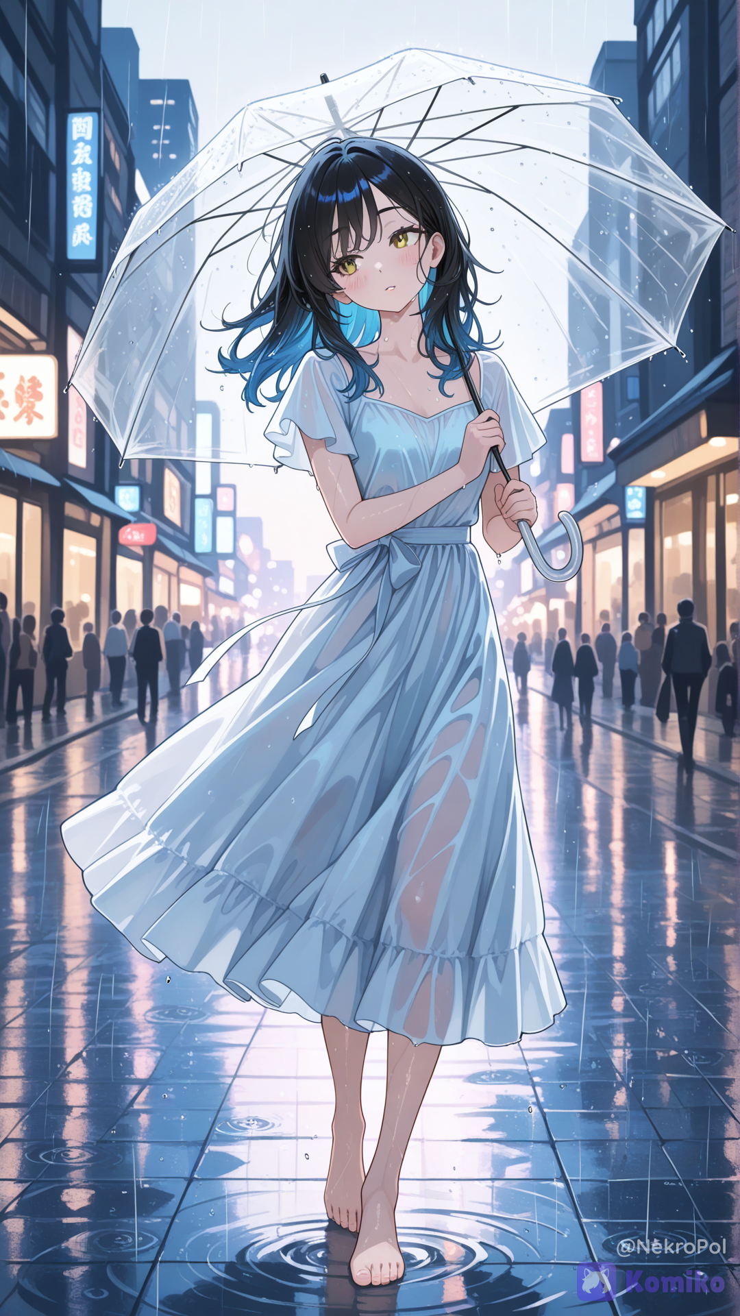 Pensive girl walking in rain professional photography high detailing 8K ultra-cinematic lighting. 20 years old delicate facial features soft cheekbones oval face porcelain skin with light blush from cold. Large almond-shaped dark amber eyes thoughtful upward gaze slightly closed eyelashes with tiny raindrops. Thin natural eyebrows pale pink lips slightly parted. Long wet black hair with blue tint strands touching her neck.
Elegant flowing layered white chiffon floor-length dress with short sleeves and graceful neckline. Dress beautifully drapes in the wind emphasizing a slender silhouette. Walking Barefoot, one foot slightly forward.
Full body, from below, (three-quarter shot:1.2), face focus, (close up). Girl slightly tilts her head forward, one hand holds a transparent umbrella. Straight back slow graceful walk. Umbrella reflects soft light onto her face.
Evening rain city lights blurred bokeh background wet asphalt reflecting neon signs. Cool blue and gray color palette with warm light accents. Melancholic atmosphere quiet sadness[glossy-anime-style]