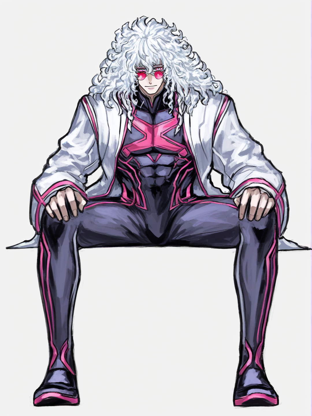 [sketchy-painterly-style] 1boy, white hair, curly hair, fluffy hair, shoulder-length hair, pink eyes, fair skin, athletic, black bodysuit, white labcoat, pink trim, red x mark, pink heart-shaped sunglasses, teenager, superhuman, marvel style, vintage comic, single character, full body, looking at viewer, simple background, white background