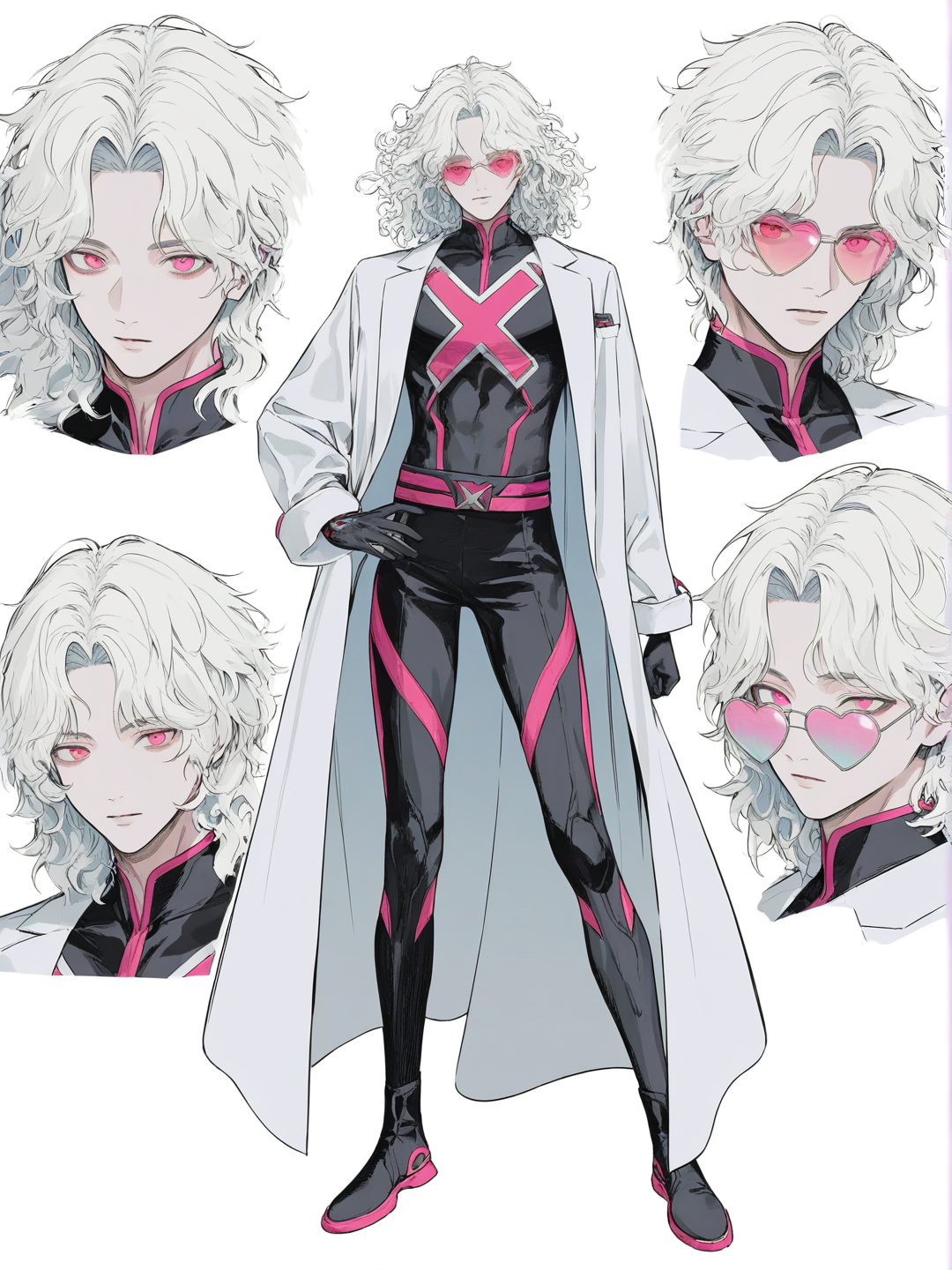 [soft-pastel-style] 1boy, white hair, curly hair, fluffy hair, neck-length hair, pink eyes, fair skin, athletic, slim, black bodysuit, white labcoat, pink trim, red x mark, pink heart-shaped sunglasses, teenager, superhuman, marvel style, vintage comic, single character, full body, looking at viewer, simple background, white background