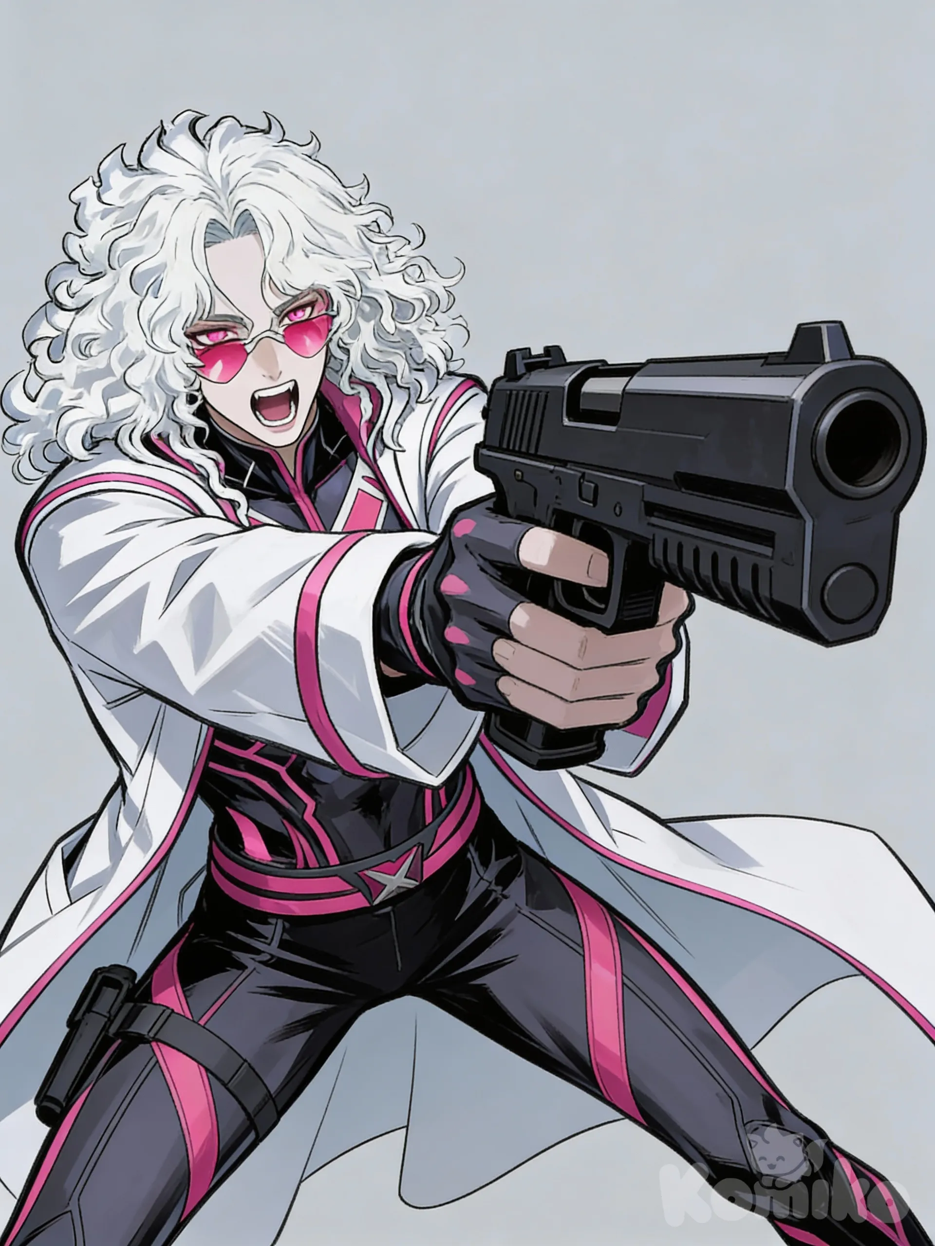 @eros-v3Xs, Marvel Comic Style, holding gun, lab coat