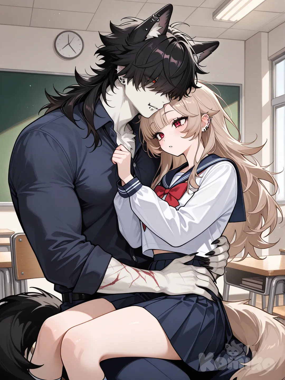Un hombre lobo híbrido enamorado en secreto de una vampira mujer, ambos estudiantes de preparatoria.
Un híbrido de hombre lobo, solo con orejas y cola de lobo, alto musculoso, con cicatrices en el cuerpo, cabello negro hasta los hombros despeinado mechones en el rostro, ojos dorados, perforaciones en oídos y labios, estilo grunge. Mujer vampiro cabello largo debajo de la cintura flequillo arriba de las cejas color marrón claro, ojos rojos. Ambos en estilo escolar, en el aula en la tarde.
Hombre lobo sentado en el pupitre escolar con la vampira sentada en sus piernas jalandola hacia el de la muñeca con una mano y con la otra en su cintura acercándola rostro a rostro.