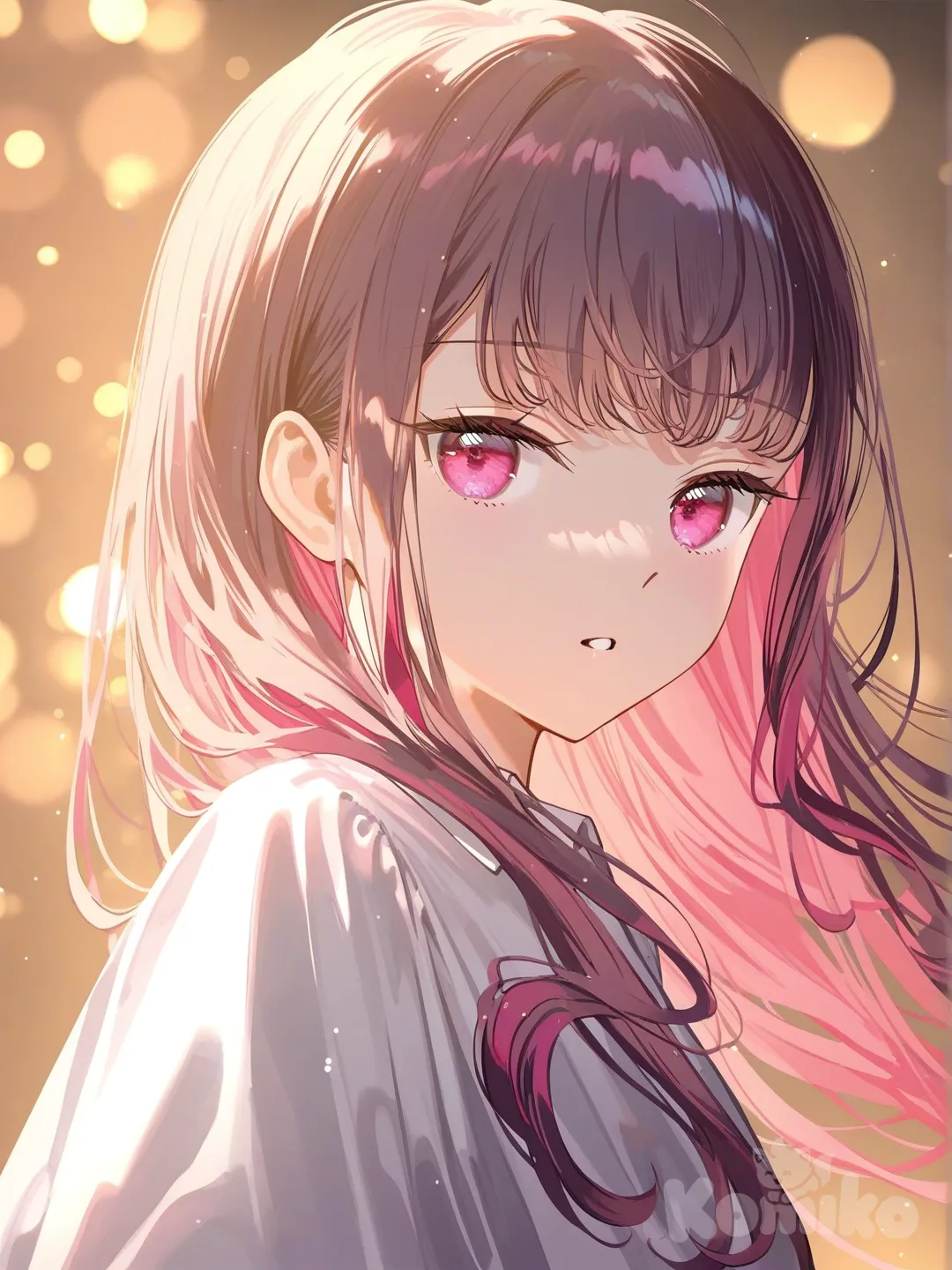 Una sirena ojos dorados cabello largo rosa, atuendo con perlas y objetos marinos. Tomando del rostro a hombre cabello castaño ojos verdes, con pantalón negro de vestir, zapatos negros y camisa desabrochada y corbata suelta, debajo del mar, [iridescent-style], looking away, depth of field, medium long shot