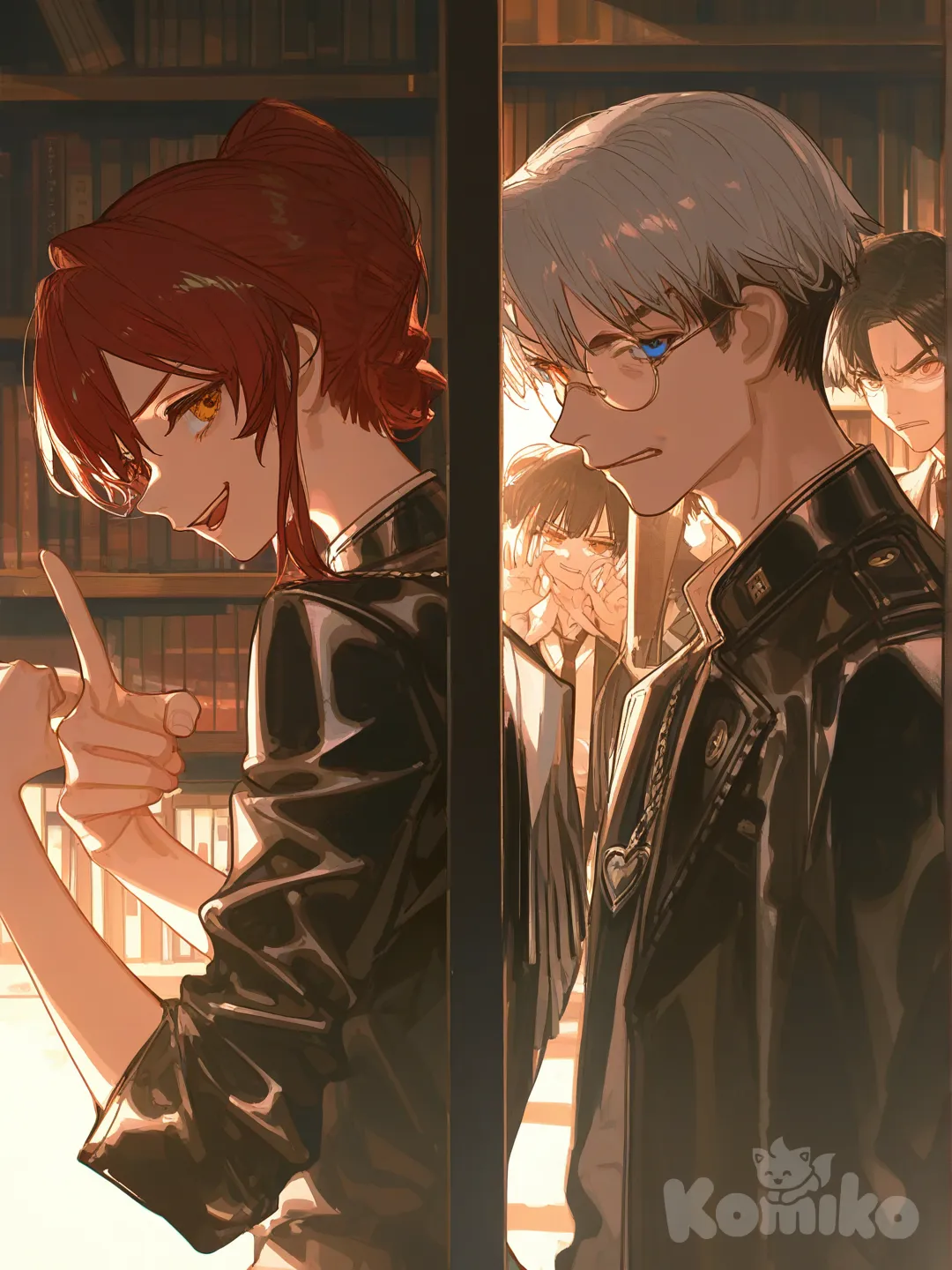 [dazzling-illustration-style] 
Un hombre cabello rojo, ojos miel, estilo geek escolar, anteojos redondos, mirada narcisista, sonrisa pícara, confrontando a hombre cabello bicolor negro y blanco, ojos bicolor rojo y azul, estilo rockero escolar chaqueta de cuero, collar con corazón rojo, mirada molesta irritable, en la biblioteca de la escuela, manos de mujer frente a ellos en señal de alto. , portrait, upper body, side profile photo, library, side light, twilight