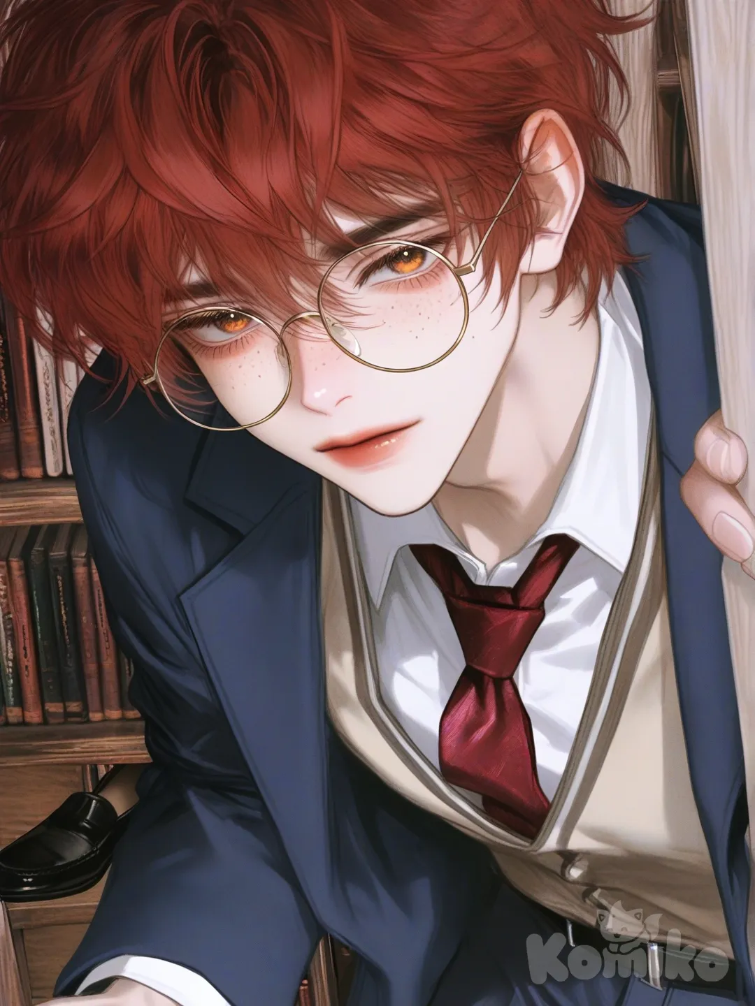 Hombre blanco, cabello rojo, despeinado, degrafilado, corto, ojos miel, anteojos redondos, con pecas, camisa blanca, corbata roja, chaleco beish, saco y pantalón azul marino, cinturón y zapatos negros, en una biblioteca., [semi-realistic-portrait-style]