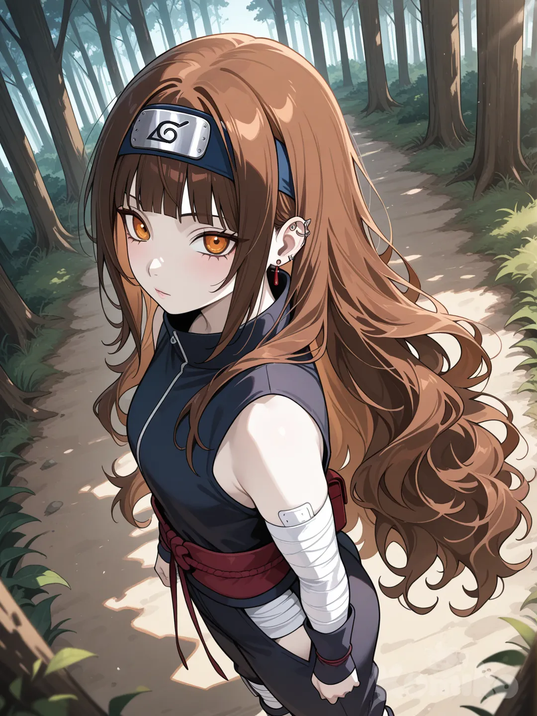 Mujer blanca cabello castaño extrargo que llega debajo de los glúteos, ondulado con flequillo recto, ojos miel, perforación en orejas, del clan Uchiha, con pantalones y aberturas en las caderas, camisa sin mangas, y vendas en los brazos. Al estilo anime Naruto de la aldea de la hoja. , [semi-realistic--style], looking at viewer, bird's-eye view, depth of field, wide shot, side light, forest