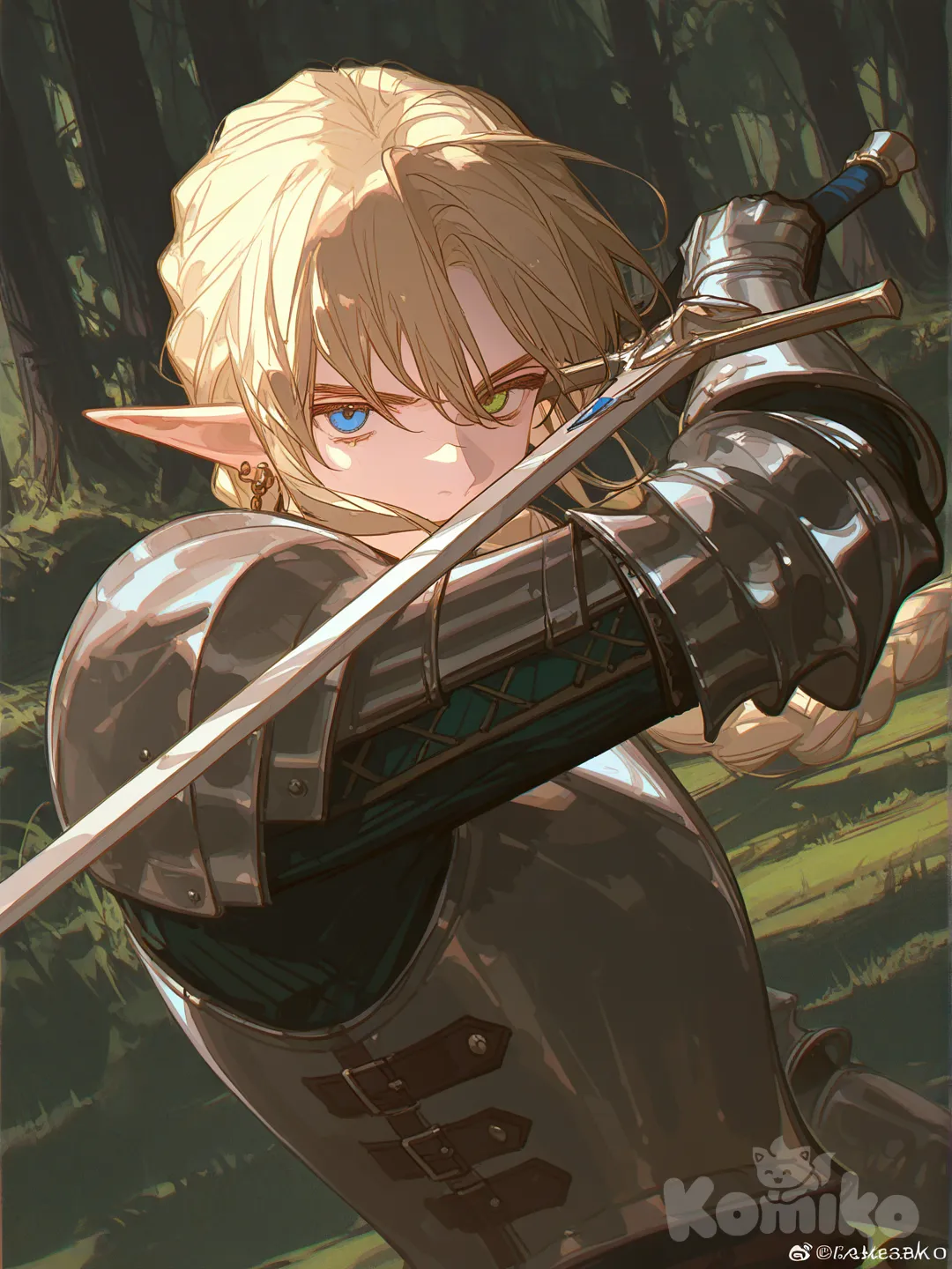 Hombre blanco con orejas de elfo, ojos verdes con azul, cabello largo trenzado, rubio blanco, con aretes en ambas orejas, con mechones en la frente, con ropas medievales de combate, y una espada atacando al frente, mientras trata de sujetar la mano que se observa que va hacia él. , [dazzling-illustration-style], portrait, upper body, looking at viewer, front profile photo, side light, forest