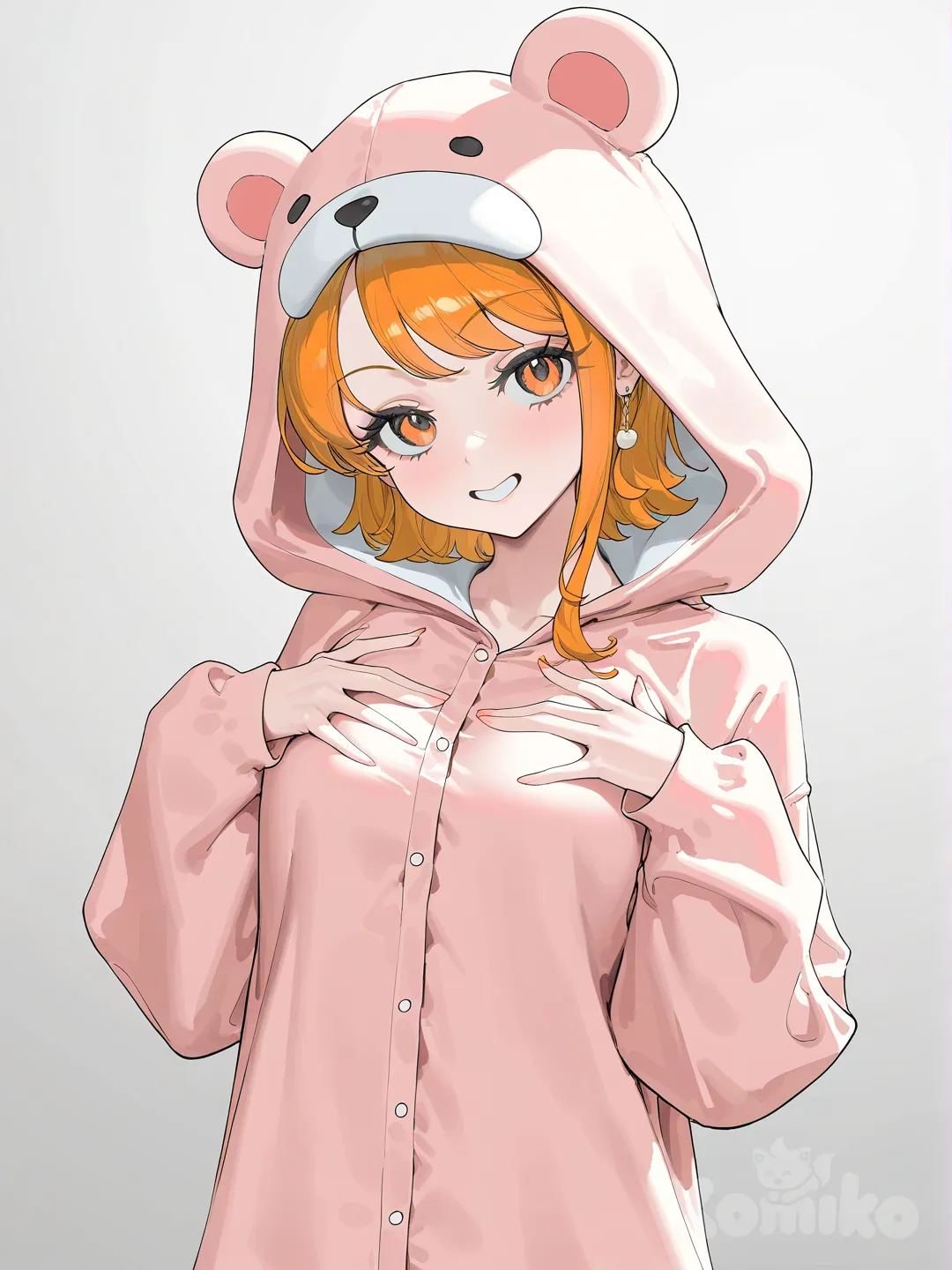Nami (One Piece) cabello rubio corto, mameluco de oso, sonrrisa coqueta