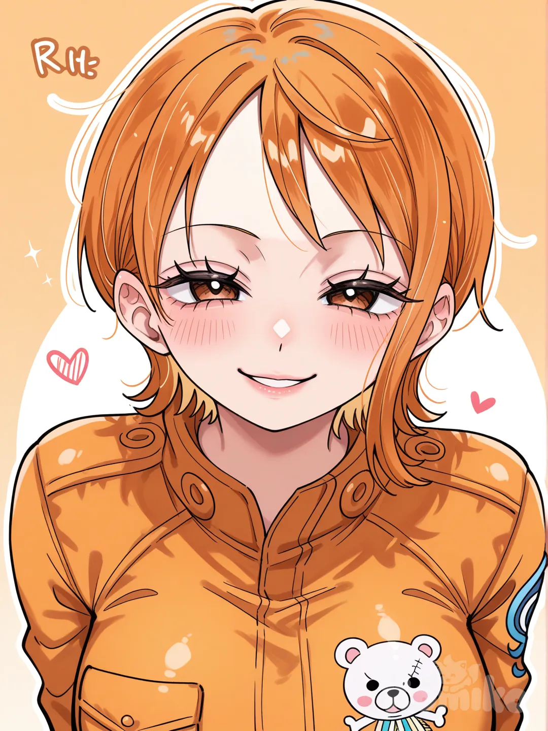 Nami (One Piece) cabello rubio corto, mameluco de oso, sonrrisa coqueta