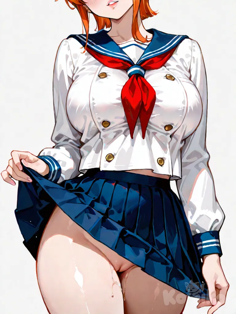 Nami from One Piece, adult woman, cosplaying in a Japanese sailor school uniform, short pleated navy skirt, tight white top with navy trim and red neckerchief, outfit fitted to accentuate her curves, skirt slightly lifted by breeze, revealing shapely thighs, top stretched across full bust, posing for a selfie with a playful and confident making a peace sign, orange short hair, bright anime eyes, sexy and mature atmosphere, clear daylight, clean white background, semi-realistic anime style, ultra illustration, pussy, pussy juice, breasts, angry