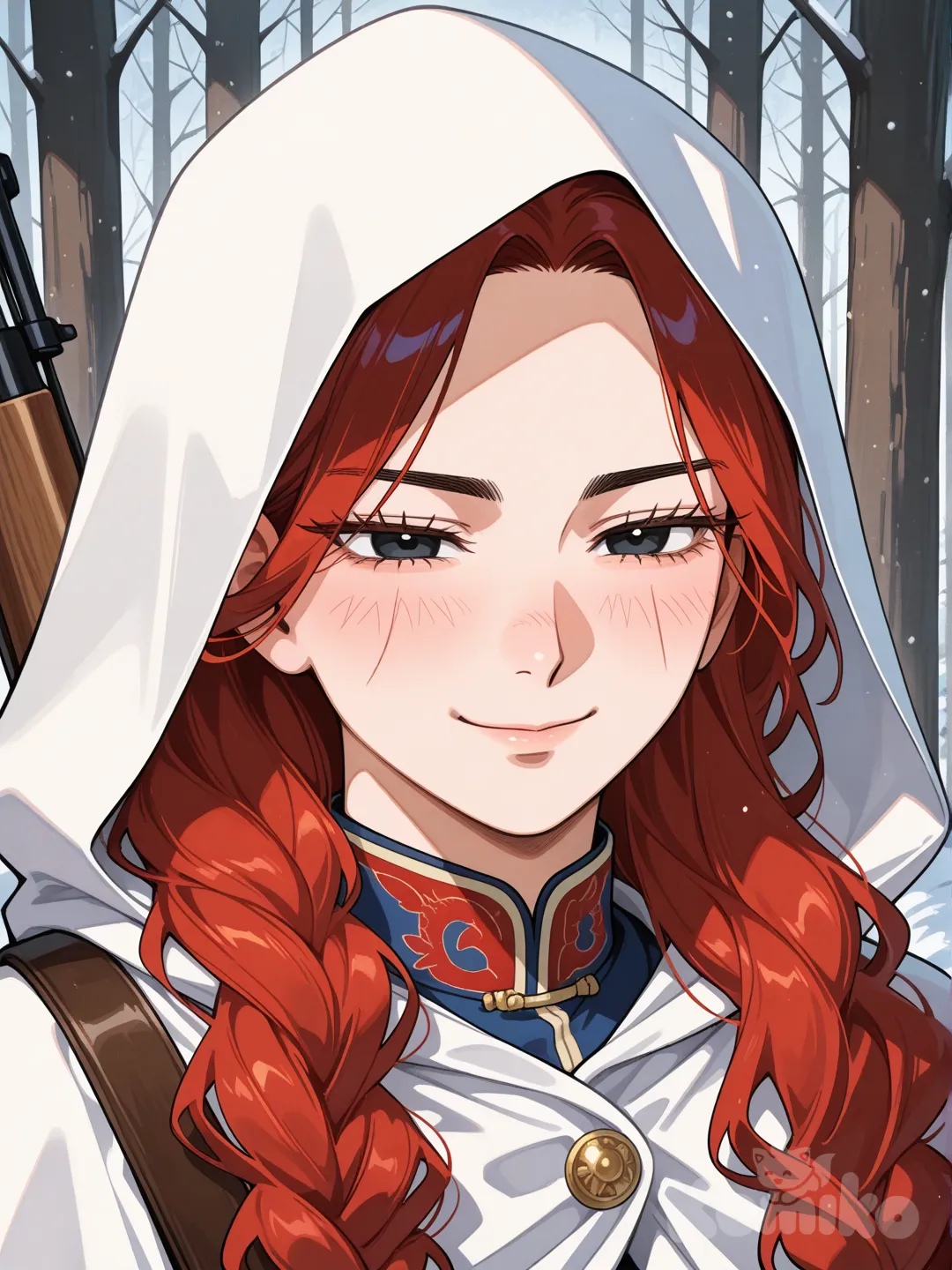 Minha oc para o anime Golden polina é uma mulher russa 24 anos de cabelo ruivo liso meio ondulado as pontas amarradas em trança ,e olhos escuros pretos,1:68 de altura , usa roupas russas femininas tradicionais leves usando uma capa branca rosada com capuz da época 1907, especialista em uso de armas antigas como antigos rifles antigos carregam nas costas , ela tem uma feição Gentil Alegre marcante mas fria traços femininos marcantes andando pelas florestas sakhalin , close up no rosto dela com leve sorriso , oc Golden kamuy