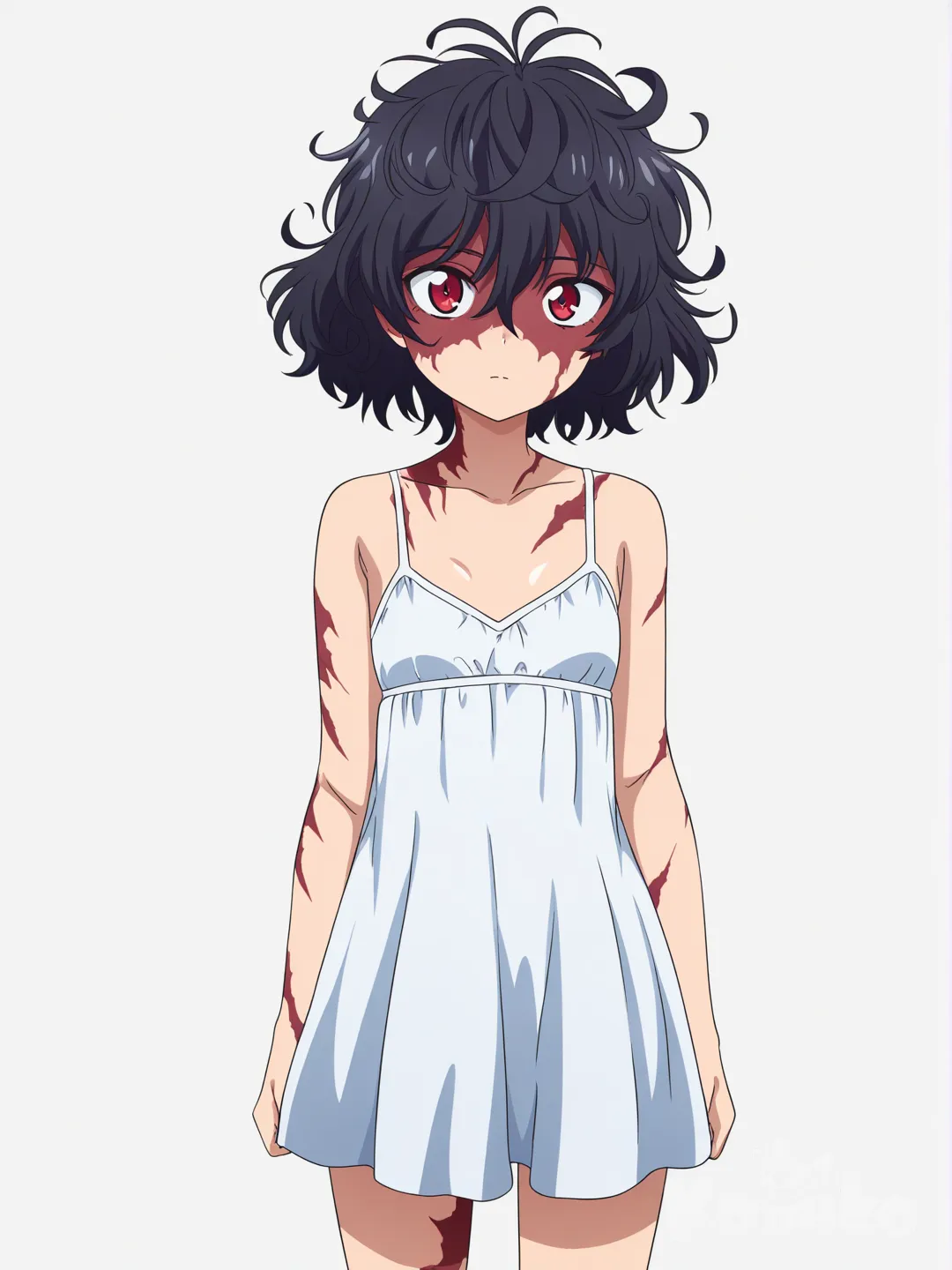 [pop-anime-style] 1girl, demon, loli, short, slim, black_hair, boyish_hair, curly_hair, messy_hair, red_eyes, blindfold, small_breasts, white_dress, burn_scar, full_body_scar, forest, single_character, full_body, looking_at_viewer, anime_style, simple_background, white_background