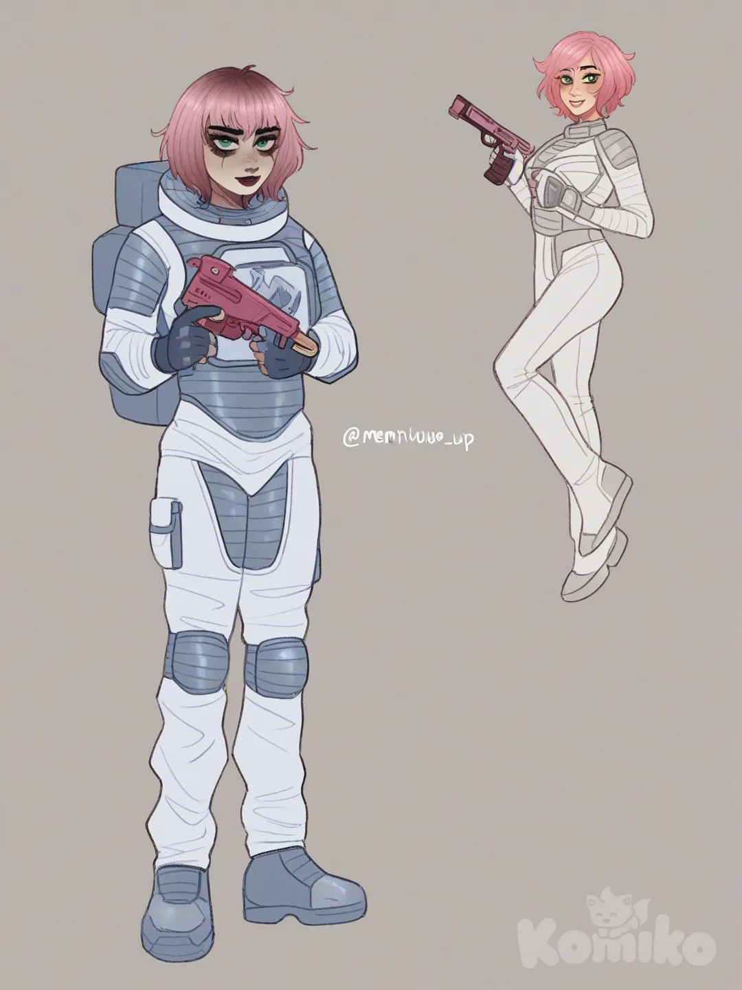 [soft-shaded-moe-style] 1girl, alien girl, hot alien, astronaut suit, sexy spacesuit, cute, boyish haircut, pink hair, short hair, holding alien gun, mature female, slim, curvy, tall, green eyes, pale skin, single character, full body, looking at viewer, anime style, simple background, white background
