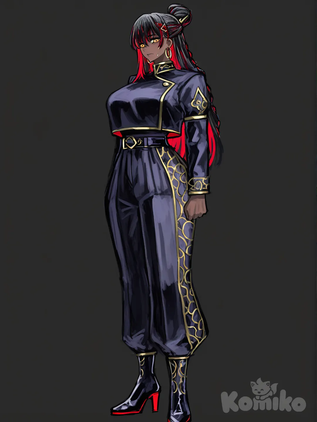[sketchy-painterly-style] 1girl, solo, dark skin, almond eyes, amber eyes, glowing eyes, black hair, long hair, braids, hair streaks, red highlights, half updo, hair ornament, curvy, high cheekbones, glossy lips, beauty mark, crop jacket, black jacket, red lining, gold trim, pants, combat pants, thigh slit, high heels, boots, jewelry, hoop earrings, arm cuffs, belt, gold jewelry, confident expression, jujutsu kaisen style, single character, full body, looking at viewer, anime style, simple background, white background
