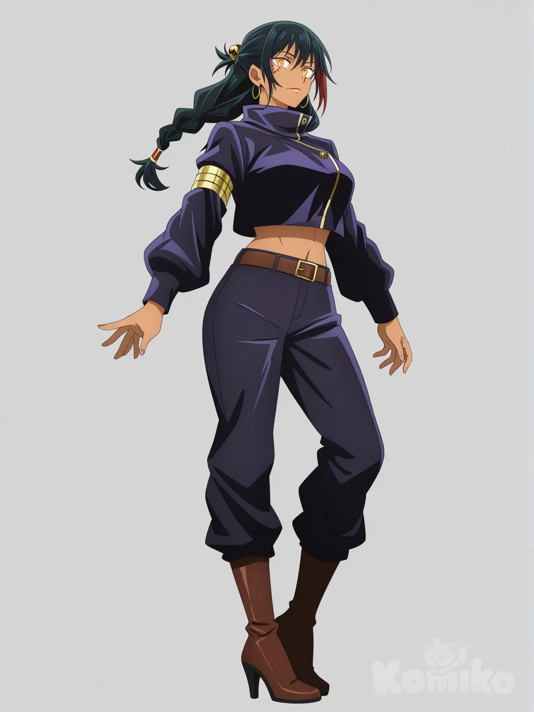 [pop-anime-style] 1girl, solo, dark skin, almond eyes, amber eyes, glowing eyes, black hair, long hair, braids, hair streaks, red highlights, half updo, hair ornament, curvy, high cheekbones, glossy lips, beauty mark, crop jacket, black jacket, red lining, gold trim, pants, combat pants, thigh slit, high heels, boots, jewelry, hoop earrings, arm cuffs, belt, gold jewelry, confident expression, jujutsu kaisen style, single character, full body, looking at viewer, anime style, simple background, white background
