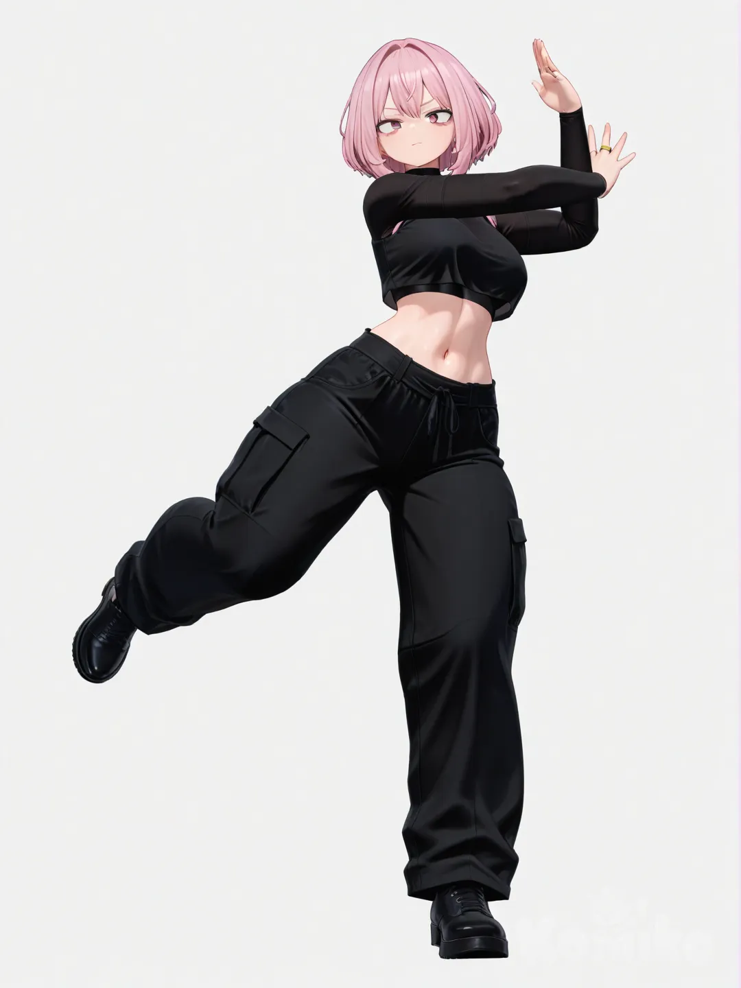[3d-anime-style] 1girl, ms_akiyo, viper_vogue, solo, mature female, curvy, slim waist, beautiful, attractive, black long pants, black long-sleeved crop top, navel, undershirt, five rings, gold rings, pink rings, fighting pose, dynamic pose, my hero academia, original character, single character, full body, looking at viewer, anime style, simple background, white background