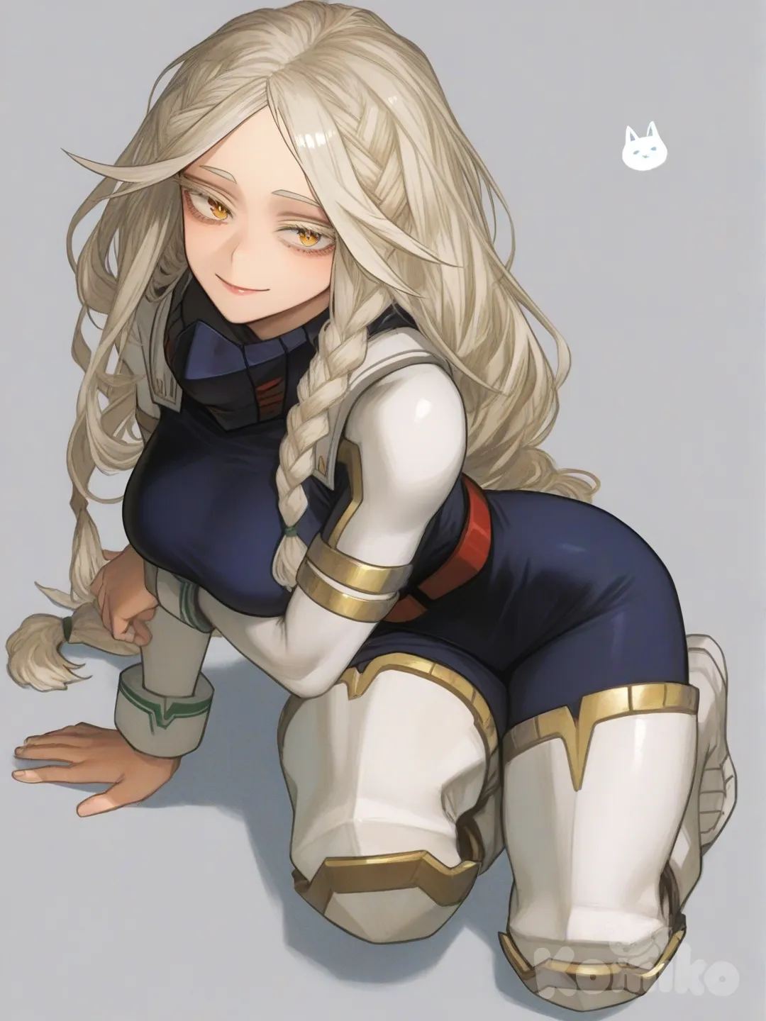 [semi-realistic-portrait-style] 1girl, black female, long hair, braided hair, yellow and white armor, armor, slim body, curvy figure, calm expression, regal, my hero academia, original character, single character, full body, looking at viewer, anime style, simple background, white background