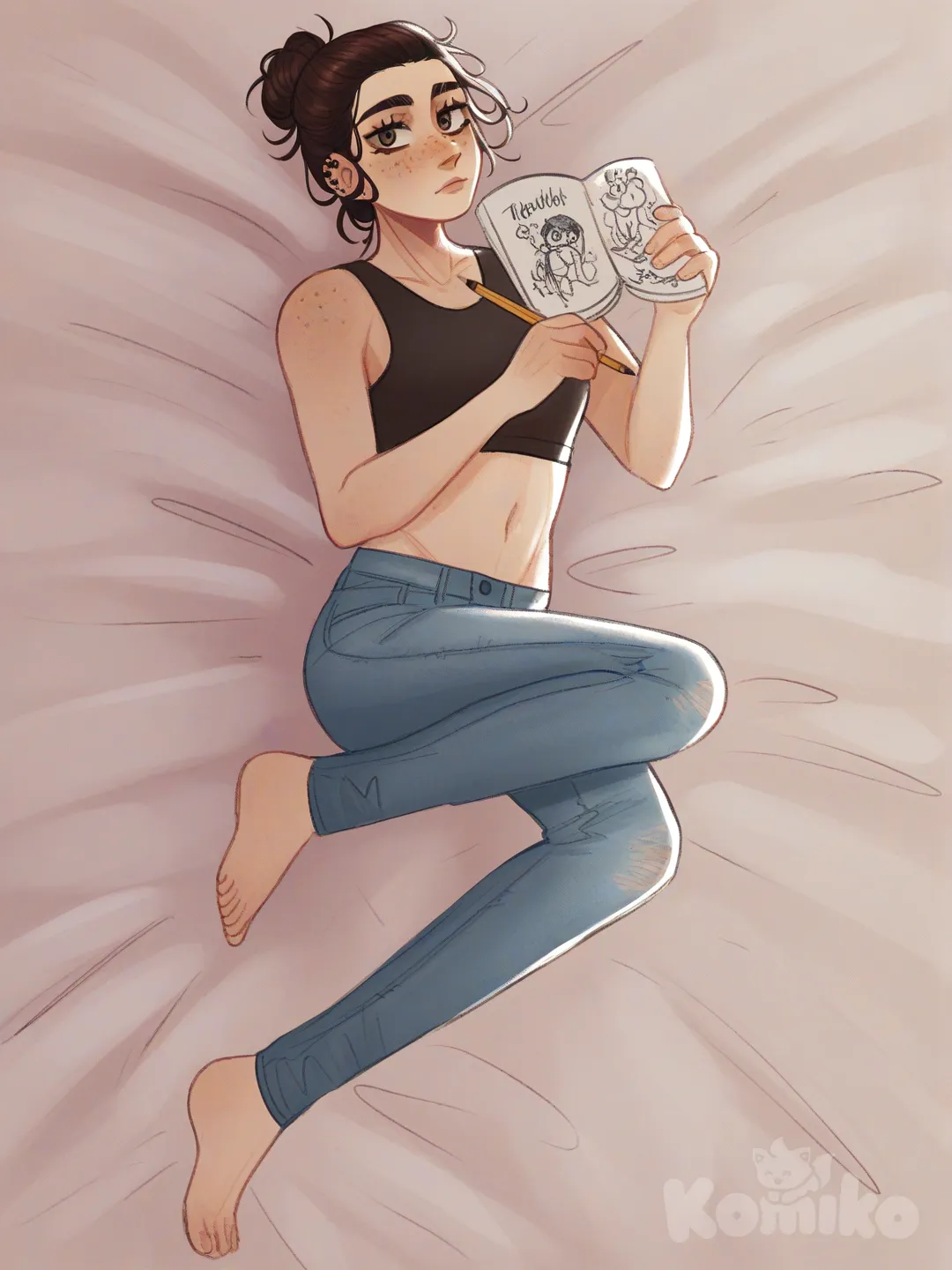 [soft-shaded-moe-style] 1girl, solo, teenager, curvy, slim, tall, brown hair, hair bun, brown eyes, freckles, crop top, jeans, lying on bed, drawing, book, pencil, beautiful, realistic, soft lighting, single character, full body, looking at viewer, simple background, white background