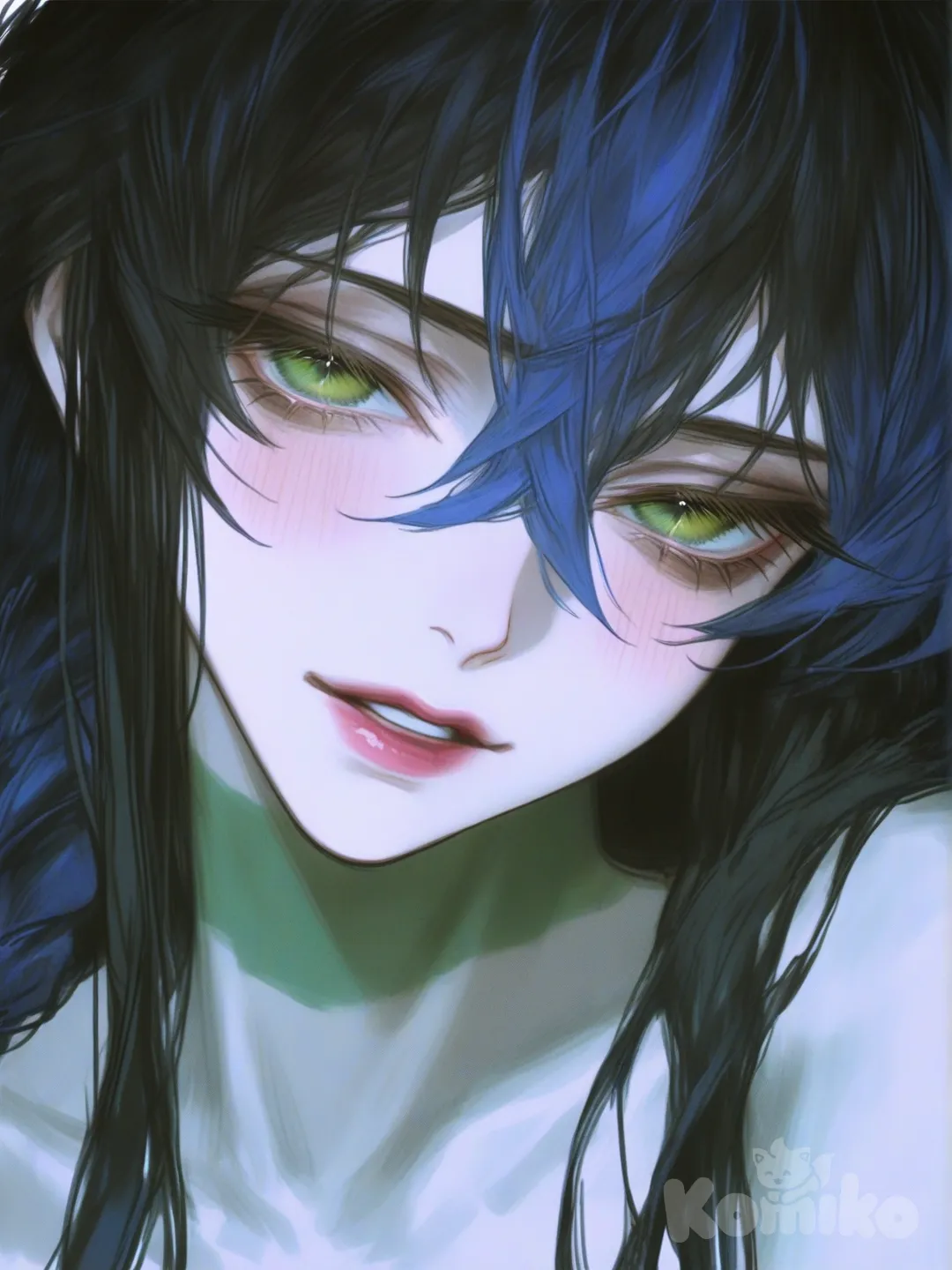 [semi-realistic-portrait-style] 1girl, original, demon_slayer_(style), anime_coloring, mature_female, slim, black_hair, blue_hair, green_eyes, mixed_color_skin, single_character, full_body, looking_at_viewer, anime_style, simple_background, white_background