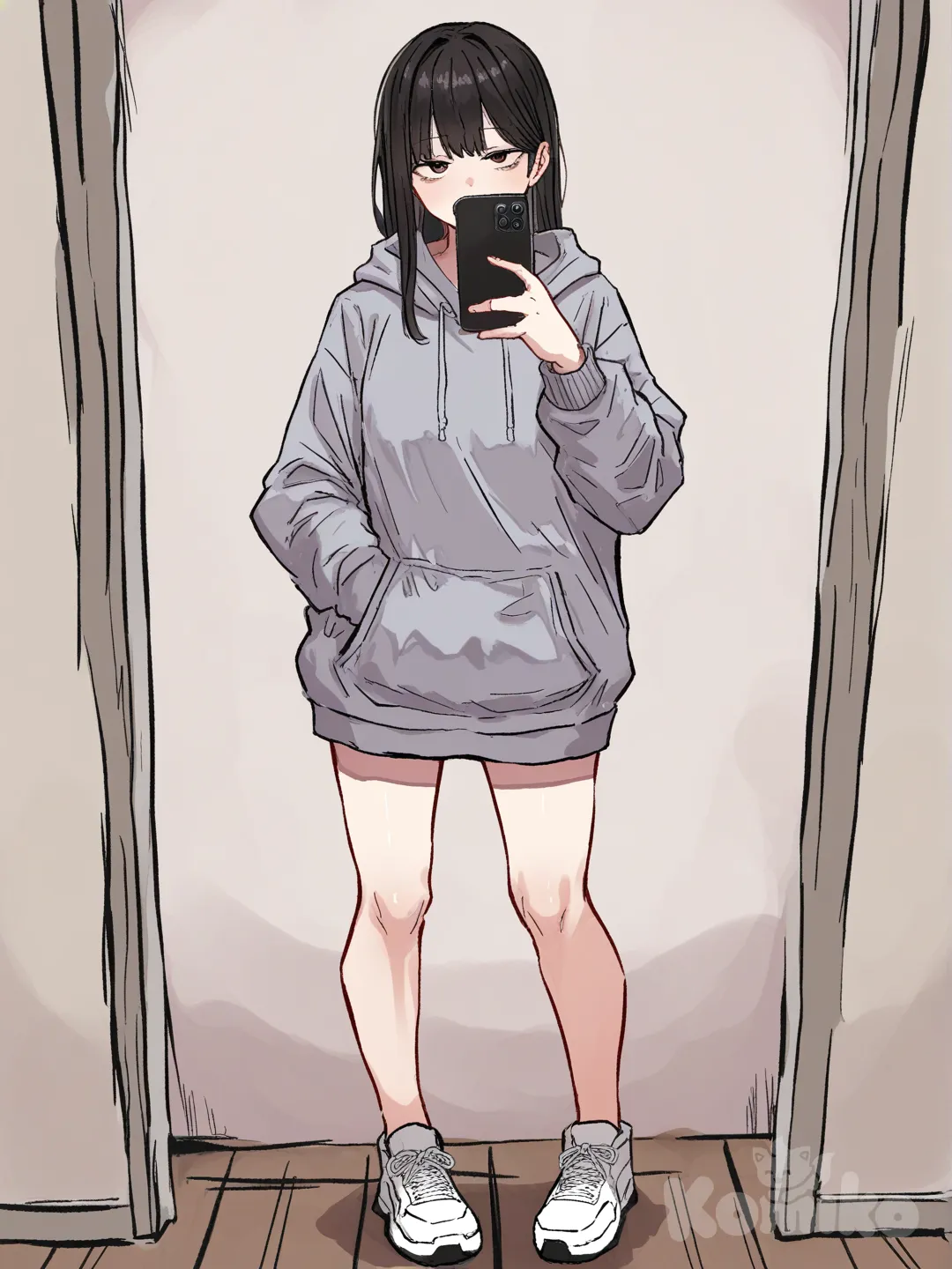 1girl, [hentai-style], selfie, hoodie, full body