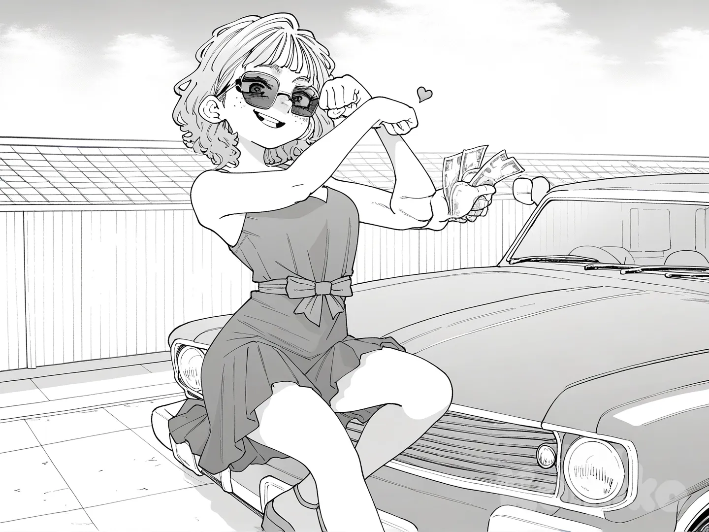 @emma-XUOA, [grayscale-manga-style] okay a girl she was rich and she was flexing her money money money and yes she wears a beautiful red dress and fitting a top of the car and wearing sunglasses and have cash on her hands