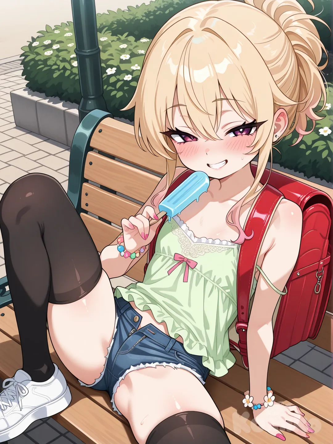 delicate pattern,
(intricate detail,extremely intricate:1.2),70mm telephoto lens,
perfect lighting,lighting,(noise reduction:1.2),ray tracing,bloom,

1 girl,solo,mesugaki,

((:1.3)),(((perfect hands))), (ultra ), (anime color), 
outline, (flat color),
skinny,tiny,(child:1.5,loli), ((short height))

blush,
(half closed eyes,seductive smile:1.3,embarrassed),
blonde hair,long hair,one-side up,red purple eyes,gyaru,
look at viewer,ecstatic eyes,teeth,

outdoor,

green camisole,frilled camisole,denim shorts,very micro shorts,very low-rise shorts,black thighhigh,short camisole,shorts open zipper,pull own chest clothes,

open shirt,camisole slip,naked shoulder,
flower bracelet,simple colorful bracelet,

park,bench,sitting,spreadlegs,
from above,

popsicle that is shaped like a penis,one leg on bench,
Randoseru