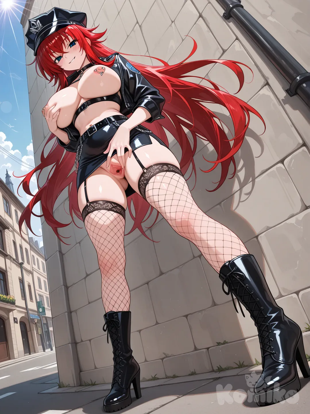 Hentai, rias gremory, 1girl, spread pussy, smirk, seductive smile, naked, fishnet thighhighs, black skirt, miniskirt, no panties, nipple piercing, black choker, standing, outdoors, from below, sunlight, open jacket, black jacket, breasts out, grabbing own breast, full body, high heel boots, black high heel boots, stomach, police hat, black hat