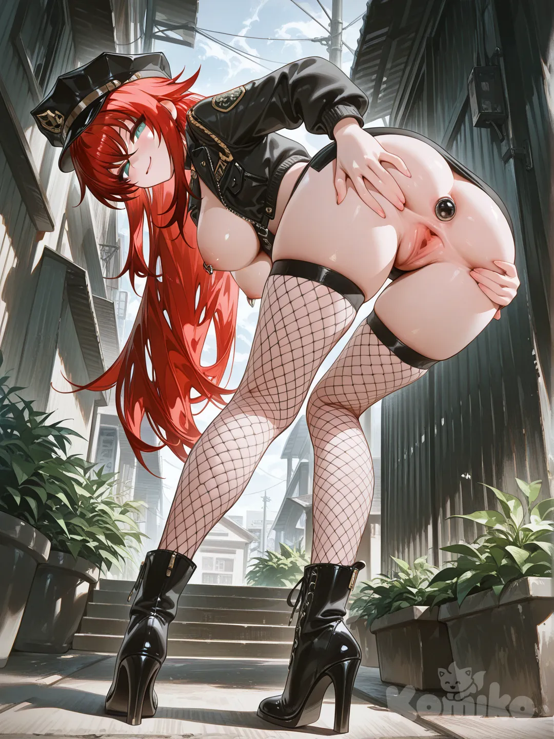 rias gremory, 1girl, spread pussy, smirk, seductive smile, naked, fishnet thighhighs, black skirt, miniskirt, no panties, nipple piercing, black choker, standing, outdoors, from below, sunlight, open jacket, black jacket, breasts out, full body, high heel boots, black high heel boots, stomach, police hat, black hat, [high-gloss-illustration-style], butt plug, bent over, looking at viewer, presenting ass
