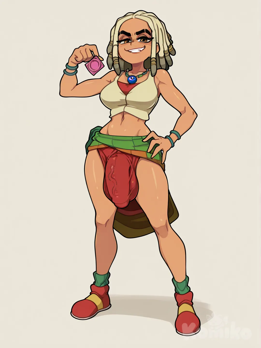 Futanari bulge, médium dick, full body, [clean-lines-style], smirk , rastagirl , holding condom