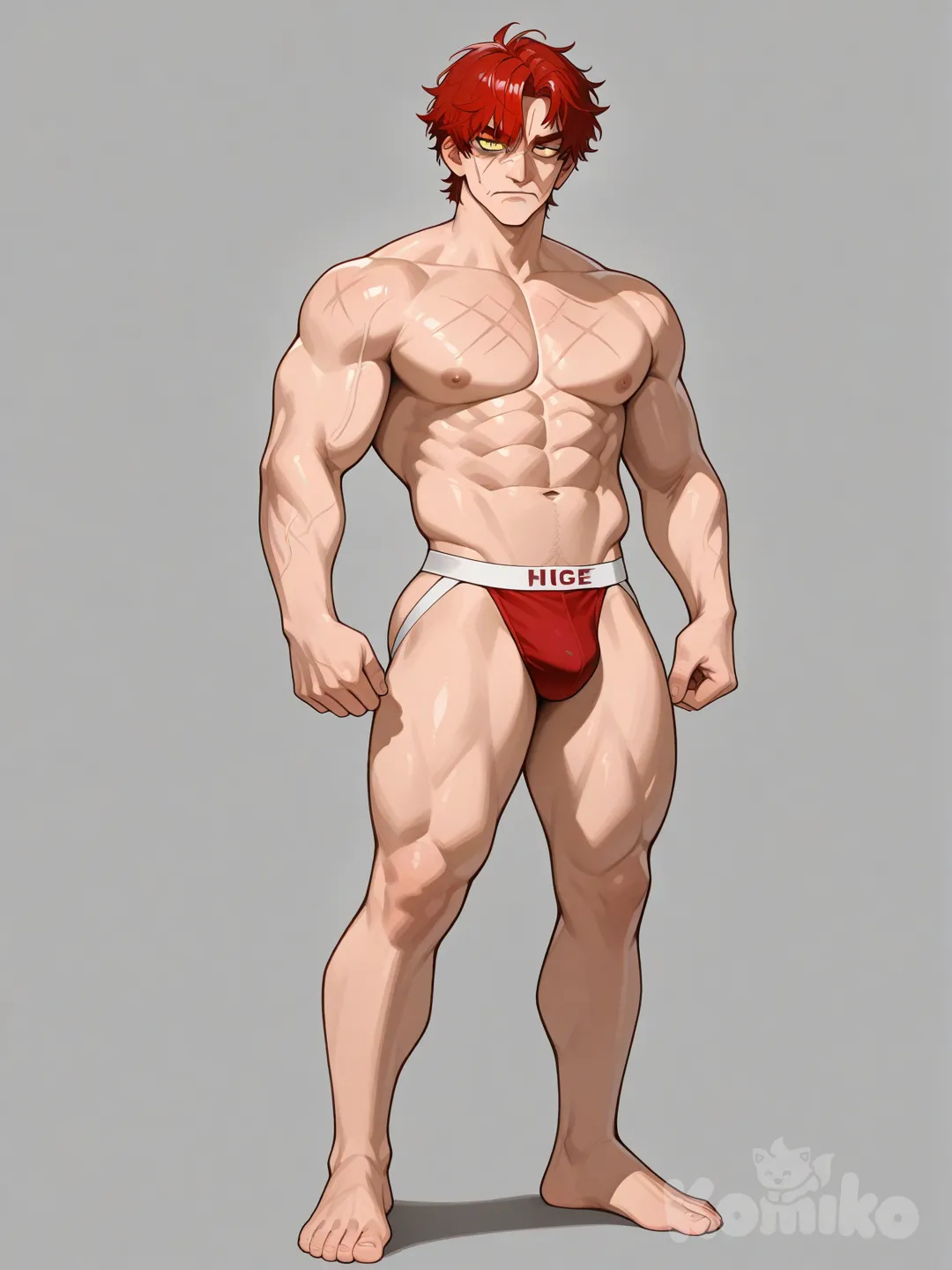 Nhân vật: Người đàn ông này có thân hình cực kỳ săn chắc, để khỏa thân, khoe cơ kiếm, cơ vai, cơ bụng 6 múi nổi rõ, màu da sáng , đứng trực diện.Hình dáng khuôn mặt: Khuôn mặt có đường nét sắc sảo, góc cạnh, thành tú hài hòa, đặc trưng của các nhân vật nam chính trong truyện tranh/manhwa. Cằm hơi nhọn và quai hàm rõ ràng, tạo cảm giác mạnh mẽ.
Mái tóc: Tóc ngắn, màu đỏ tươi hoặc đỏ ánh cam nổi bật. Phần mái được chải vút gọn gàng, một vài lọn tóc rủ xuống phần trán.
Mắt: Đôi mắt có hình dáng mảnh, hơi xếch lên ở đuôi mắt, tạo vẻ nghiêm nghị, kiêu ngạo và cuốn hút. Màu mắt là màu vàng, nhìn thẳng về phía trước.
Lông mày: Lông mày rậm, sắc nét và màu cùng tông với tóc (đỏ/nâu đỏ). Lông mày hơi nhíu lại, tạo biểu cảm căng thẳng hoặc bực bội nhẹ.
Mũi: Sống mũi cao và thẳng.
Miệng: Môi có vẻ mỏng, khép kín.
Mặc một chiếc quần lót Jockstrap trắng đai quần màu đỏ
 nền xám đơn giản