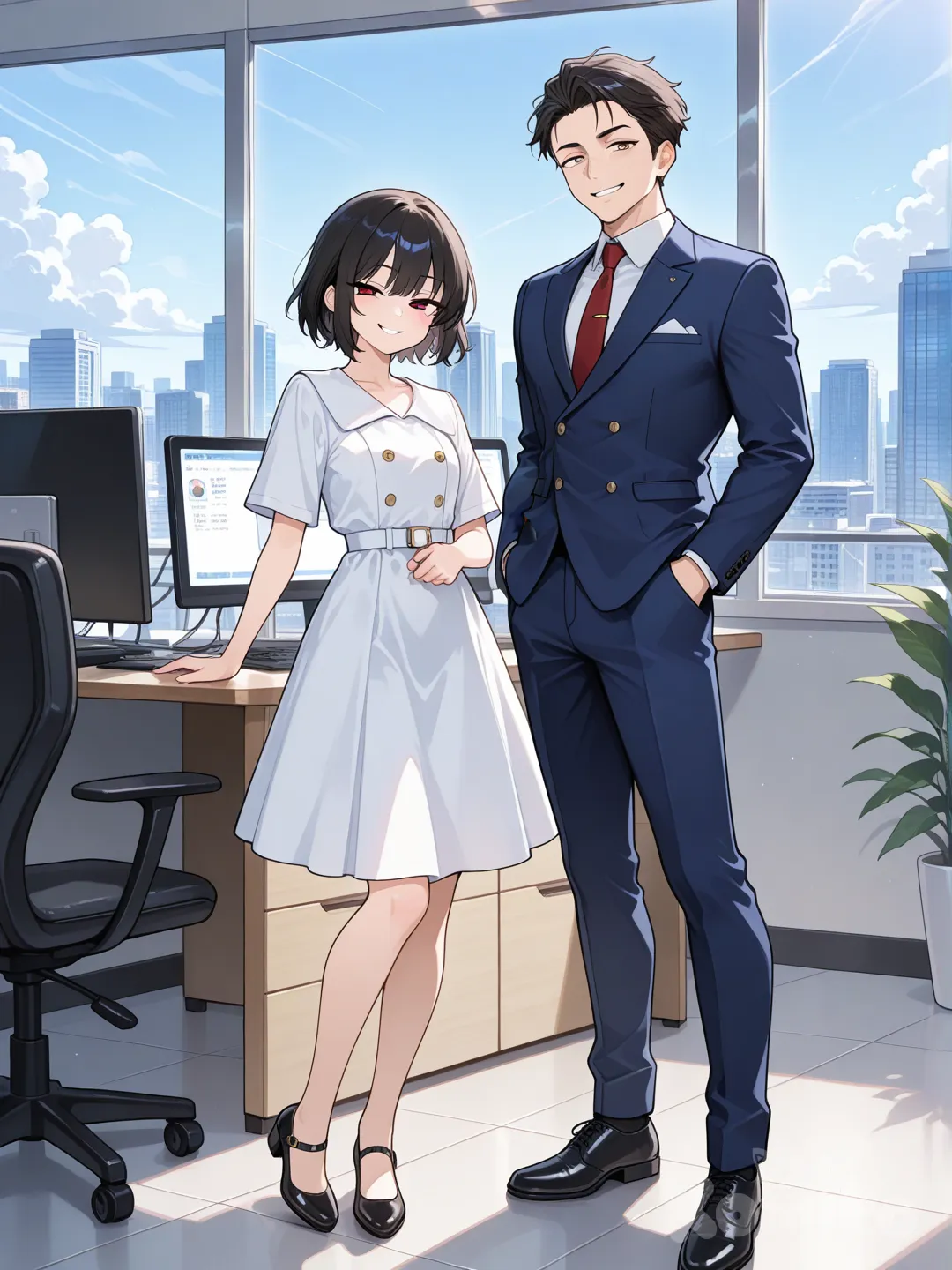 Một anh chàng đẹp trai toát lên sự tự tin,mặc vest xanh lam ,trong công ty