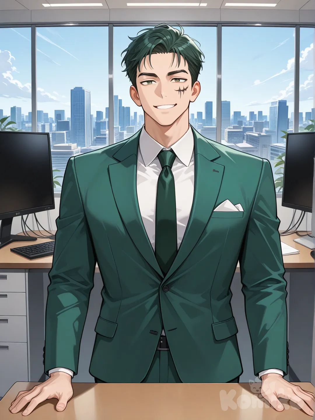 Một anh chàng đẹp trai toát lên sự tự tin mặc vest xanh đang đứng trong văn phòng