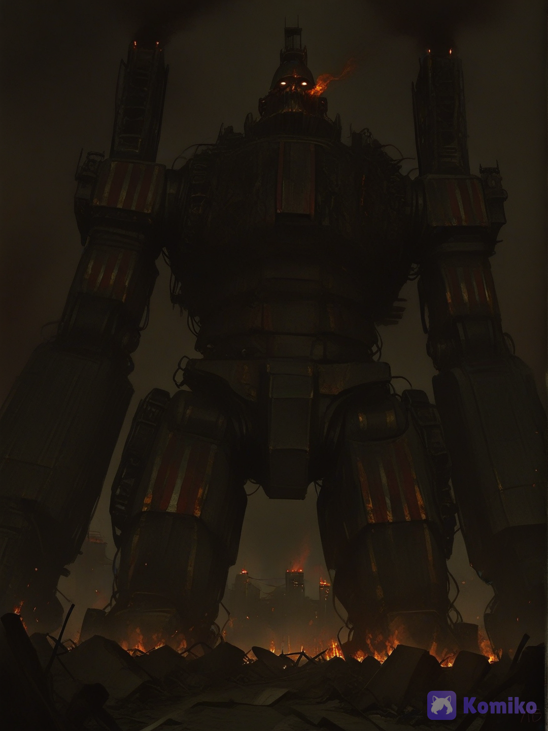A gigantic, imposing, and terrifying robot stands amidst the flames of a partially covered, ruined city, depicting an atmosphere of terror and fear., [noir-portrait-style]
