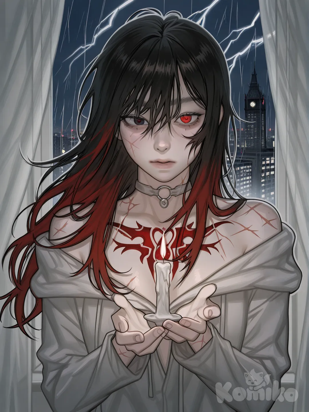 Female character, extremely fragile appearance, porcelain skin marked with faint bruises and red pressure marks, glowing veins, half-lidded asymmetrical eyes, ink-black to crimson hair loose and drifting, scars faintly glowing, daemon scales more visible, infernal tattoos glowing softly, spectral wing fragments faintly present, shadow fractured, barefoot, porcelain-pale skin with opalescent undertones, faint iridescent veins visible beneath skin, skin extremely delicate with subtle red marks and micro-scars, left eye milky silver-white reflective like glass, right eye deep ember red with faint rotating sigils, long ink-black hair with crimson at the ends, hair weightless and subtly floating as if underwater, fine silky texture, hair loose and unbound, two symmetrical scars at temples etched with faint containment runes, infernal script tattoos spiraling along spine, slender fragile build, narrow shoulders, veins glowing faintly through hands, barefoot with pale feet touching the floor to ground energy,

soft private attire, loose mana-silk night robe, off-shoulder design exposing collarbones and rune scars, pale ivory and ash-grey color palette, flowing fabric clinging lightly, no armor or structure, minimal stabilizer jewelry, thin choker dimly glowing, sleeves slipping down arms, vulnerability emphasized,

background: private high-rise chamber, dim candle-like arcane lights, sheer curtains drifting in artificial wind, massive window overlooking floating city lights at night, rain and distant lightning, atmosphere quiet and intimate, melancholic mood, soft lighting, ethereal dark fantasy realism
, [digital-painterly-style], upper body, portrait