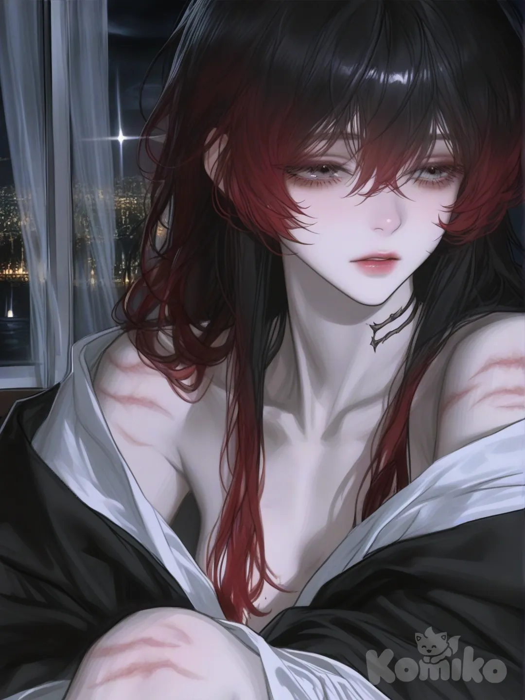Female character, extremely fragile appearance, porcelain skin marked with faint bruises and red pressure marks, glowing veins, half-lidded asymmetrical eyes, ink-black to crimson hair loose and drifting, scars faintly glowing, daemon scales more visible, infernal tattoos glowing softly, barefoot, porcelain-pale skin with opalescent undertones, faint iridescent veins visible beneath skin, skin extremely delicate with subtle red marks and micro-scars, left eye milky silver-white reflective like glass, right eye deep ember red with faint rotating sigils, long ink-black hair with crimson at the ends, hair weightless and subtly floating as if underwater, fine silky texture, hair loose and unbound, two symmetrical scars at temples etched with faint containment runes, slender fragile build, narrow shoulders,

soft private attire, loose mana-silk night robe, off-shoulder design exposing collarbones and rune scars, pale ivory and ash-grey color palette, flowing fabric clinging lightly, no armor or structure, minimal stabilizer jewelry, thin choker dimly glowing, sleeves slipping down arms, vulnerability emphasized,

background: private high-rise chamber, dim candle-like arcane lights, sheer curtains drifting in artificial wind, massive window overlooking floating city lights at night, rain and distant lightning, atmosphere quiet and intimate, melancholic mood, soft lighting, ethereal dark fantasy realism
, upper body, portrait, [semi-realistic-portrait-style], 1girl