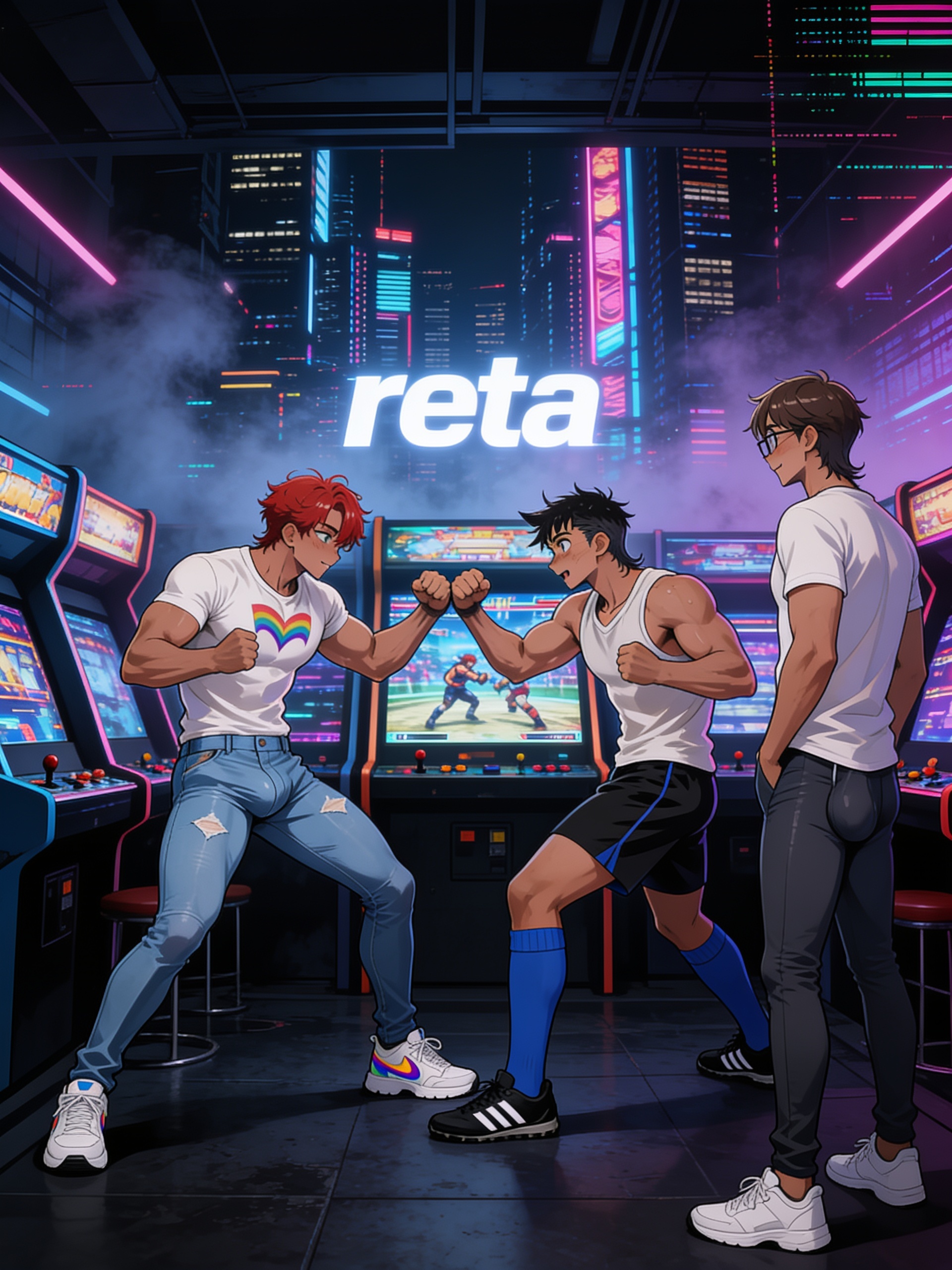 [cyberpunk-style], salon de videojuegos, arcade, oscuro, jugando,ciudad cyber punk, luces de neon., @alan-Sxzb, @tobias-eY6C, @julian-S6HY, videojuego de peleas, reta.