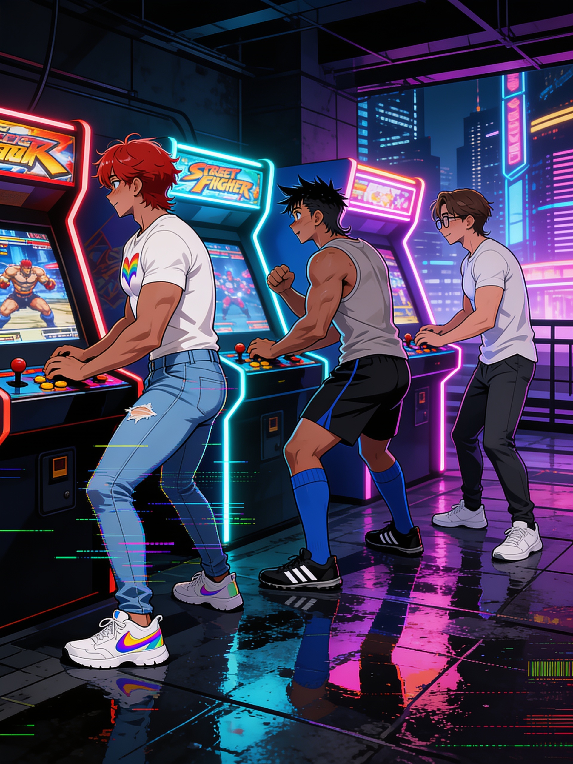 [cyberpunk-style], salon de videojuegos, arcade, oscuro, jugando,ciudad cyber punk, luces de neon., @alan-Sxzb, @tobias-eY6C, @julian-S6HY, jugando videojuego street fighter, competencias amigos.