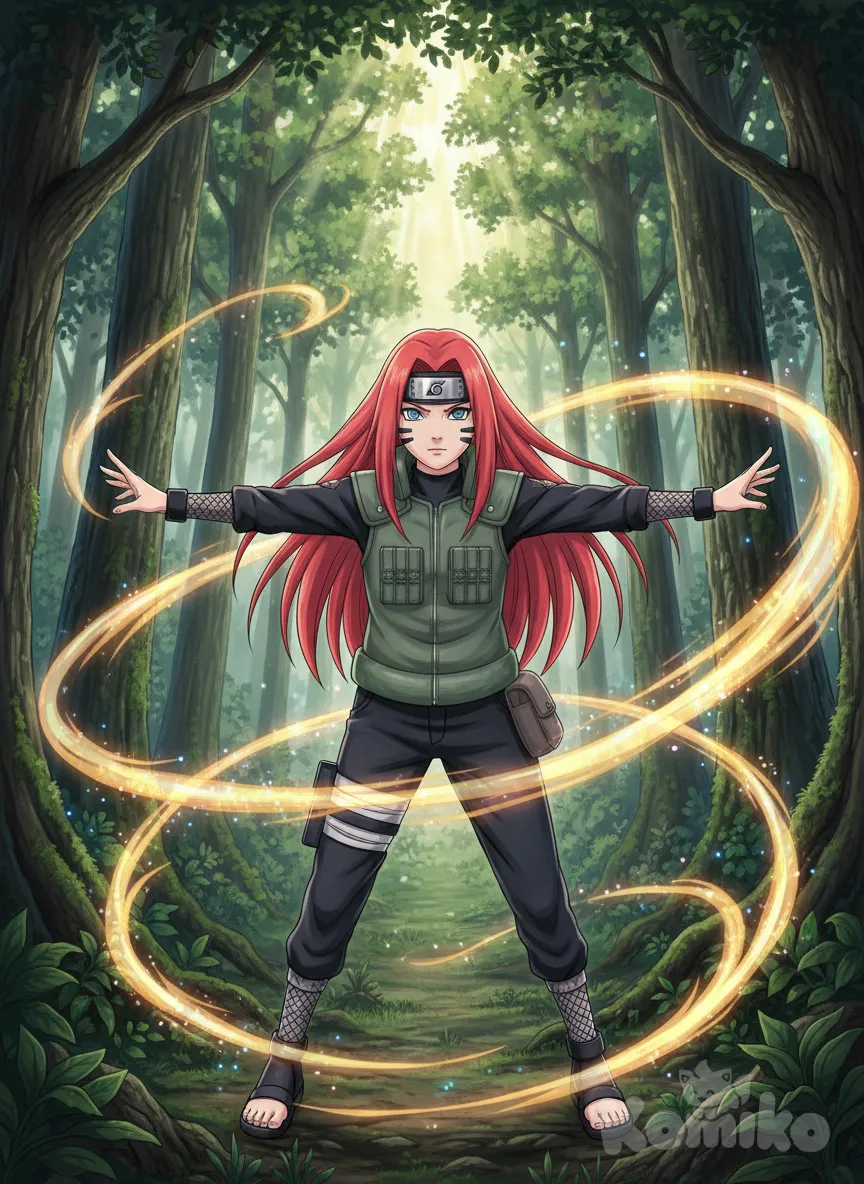 Minha oc Kira uzumaki 21 anos menina criança cabelo vermelho , olho azul , pele clara , e 3 riscas em cada lado do rosto, é uma ninja jounin aldeia da Folha ela usa uniforme Jounin, posição ela está em pé no meio de uma um tipo de floresta com os braços cruzados e uma expressão séria e uma expressão séria, os braços estendidos ela invocou as correntes de chakra adamantinas