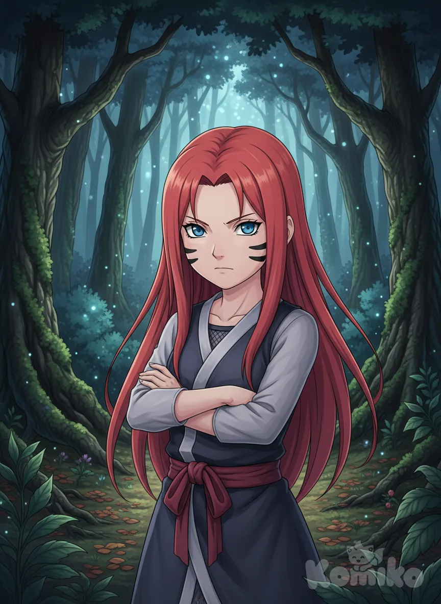 Minha oc Kira uzumaki 21 anos menina criança cabelo vermelho , olho azul , pele clara , e 3 riscas em cada lado do rosto, é uma ninja jounin aldeia da Folha, posição ela está em pé no meio de uma um tipo de floresta com os braços cruzados e uma expressão séria com os braços cruzados e uma expressão séria, anime style