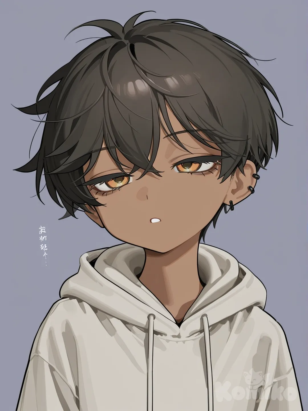 1boy, [semi-realistic--style], upper body torso and up. He has dark brown skin, sleepy amber eyes, tan brown skin, fluffy black hair, wolf cut hair style grey hoodie, long eyelashes, he wears black glasses, he has a ear piercing, headphones, upper body, he has a slim athletic waist, semi realism anime. He’s in an angle